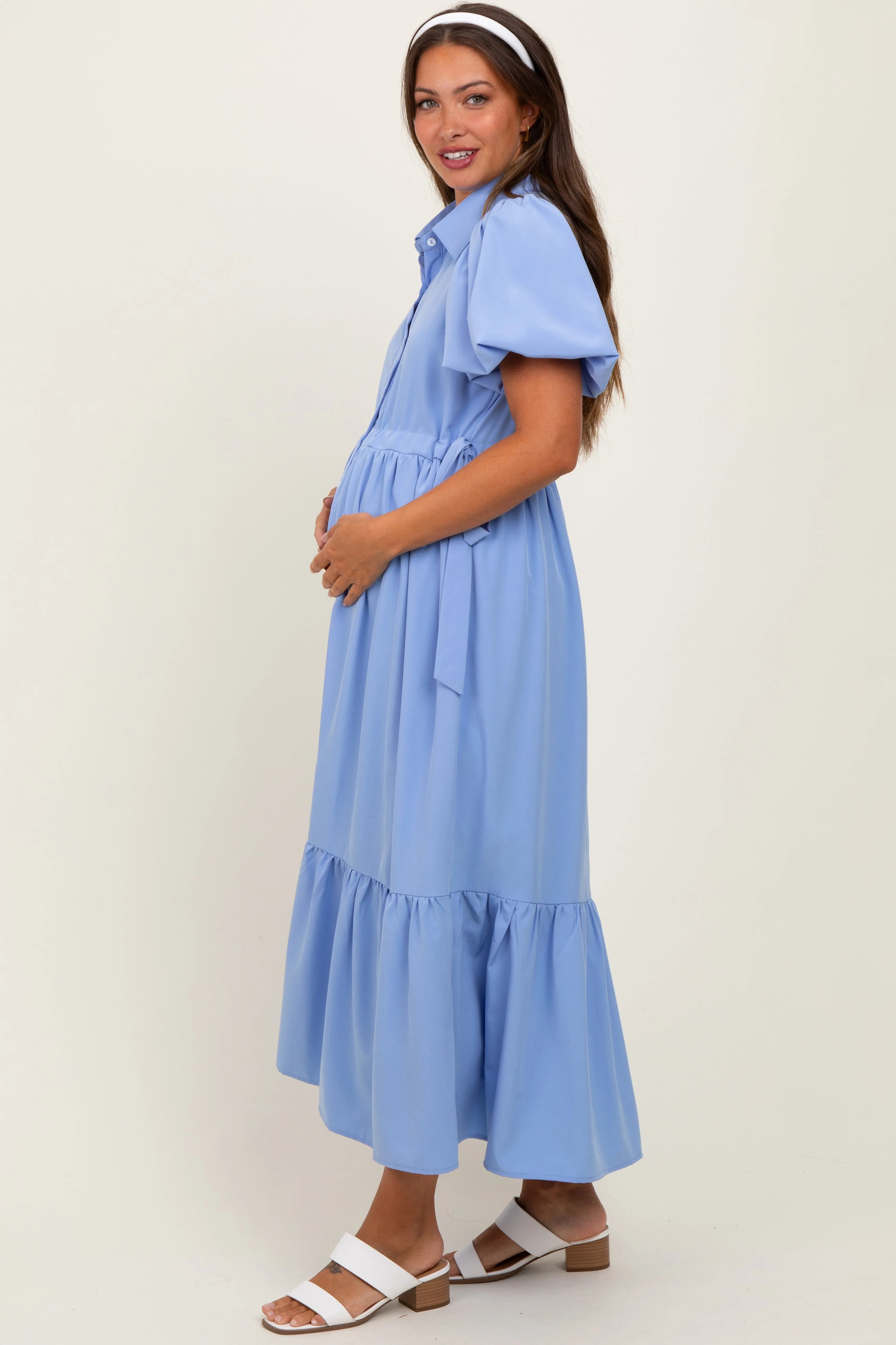 Light Blue Puff Sleeve Side Tie Maternity Midi Shirt Dress sold by Pinkblush product image thumbnail 2