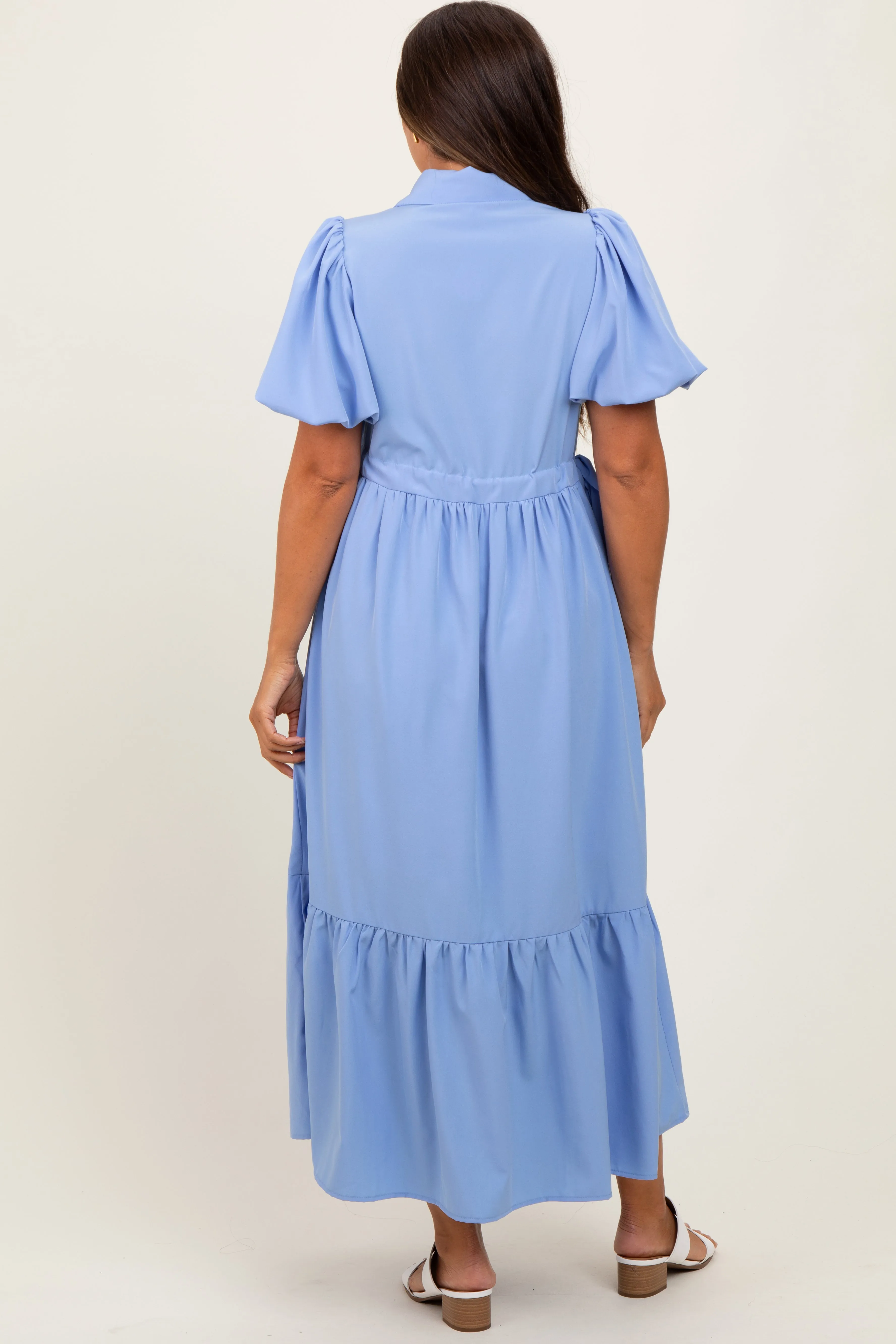 Light Blue Puff Sleeve Side Tie Maternity Midi Shirt Dress sold by Pinkblush product image thumbnail 3