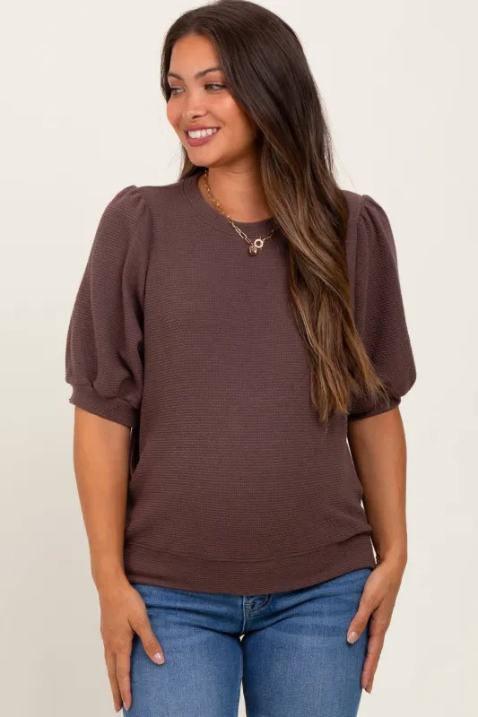Brown Knit Maternity Puff Sleeve Top sold by Pinkblush