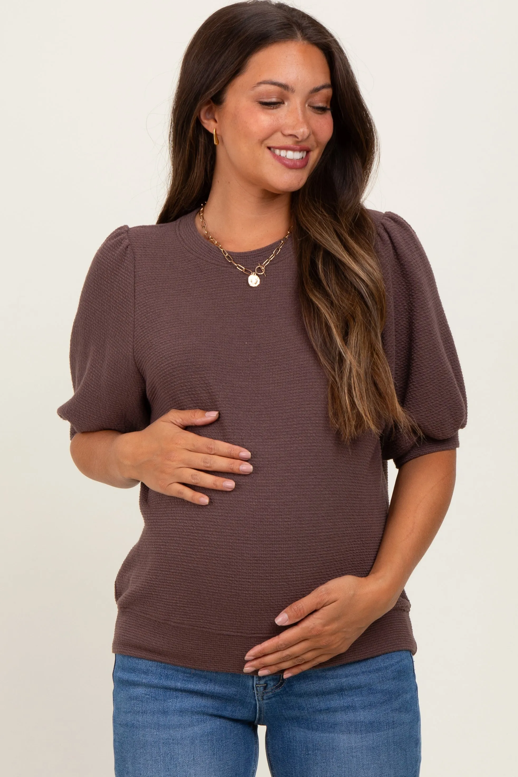 Brown Knit Maternity Puff Sleeve Top sold by Pinkblush product image thumbnail 2