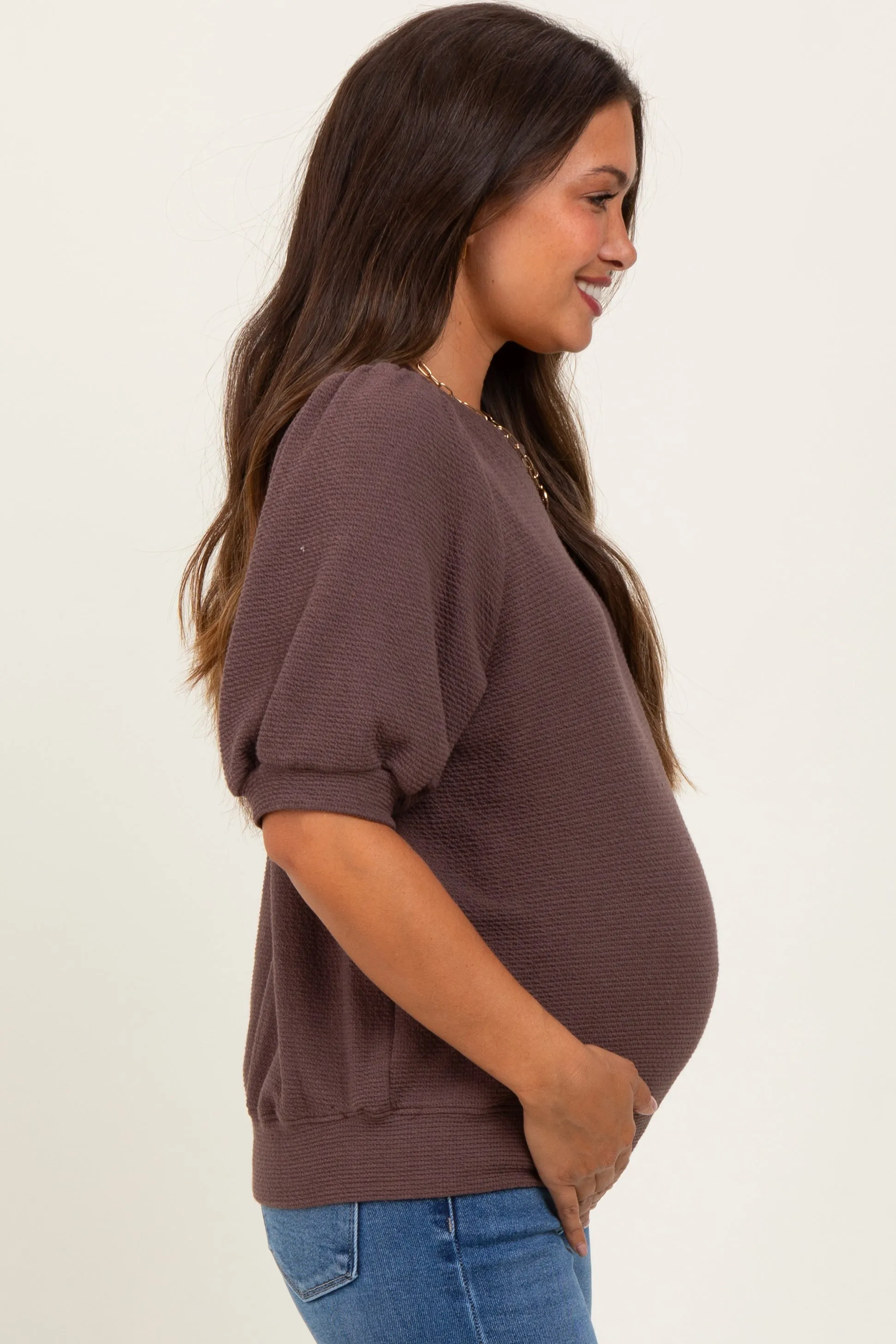 Brown Knit Maternity Puff Sleeve Top sold by Pinkblush product image thumbnail 3