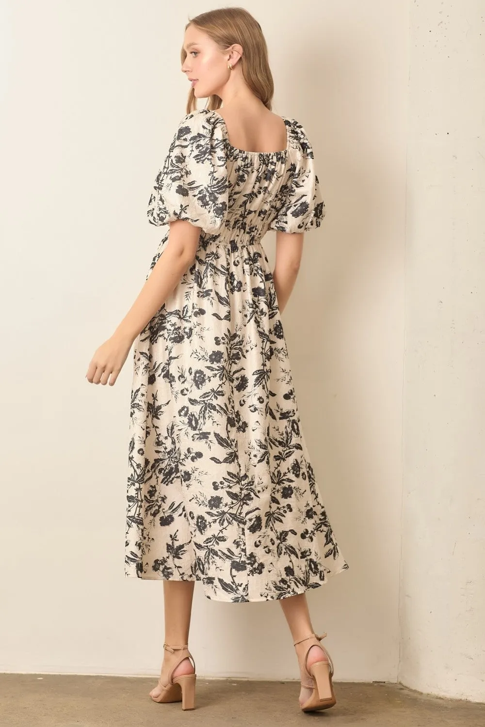 Cream Floral Puff Sleeve Smocked Waist Midi Dress sold by Pinkblush product image thumbnail 2