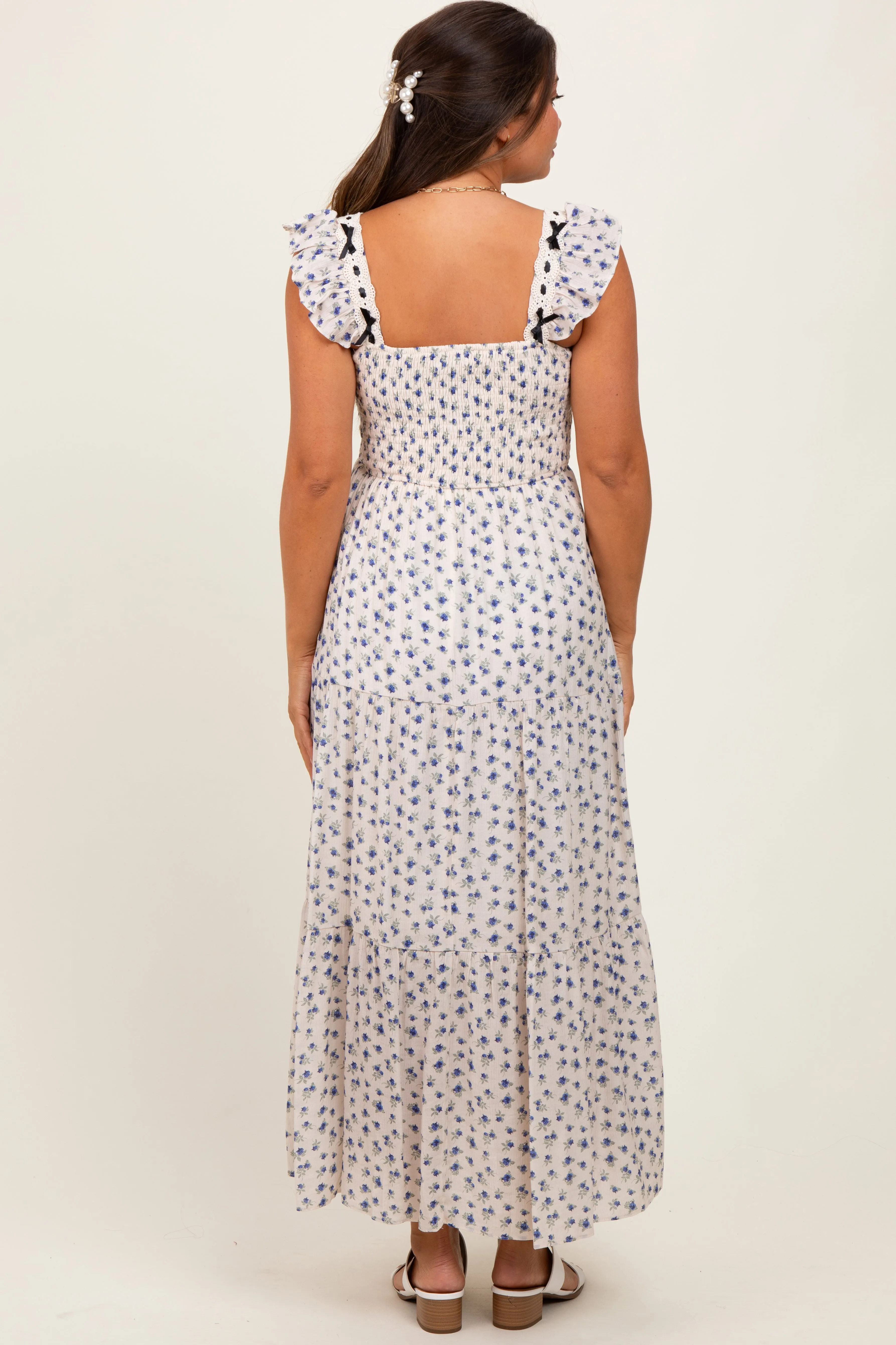 Blue Floral Bow Trim Lace Detail Smocked Maternity Maxi Dress sold by Pinkblush product image thumbnail 4