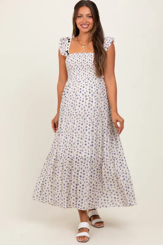 Blue Floral Bow Trim Lace Detail Smocked Maternity Maxi Dress made by She and Sky