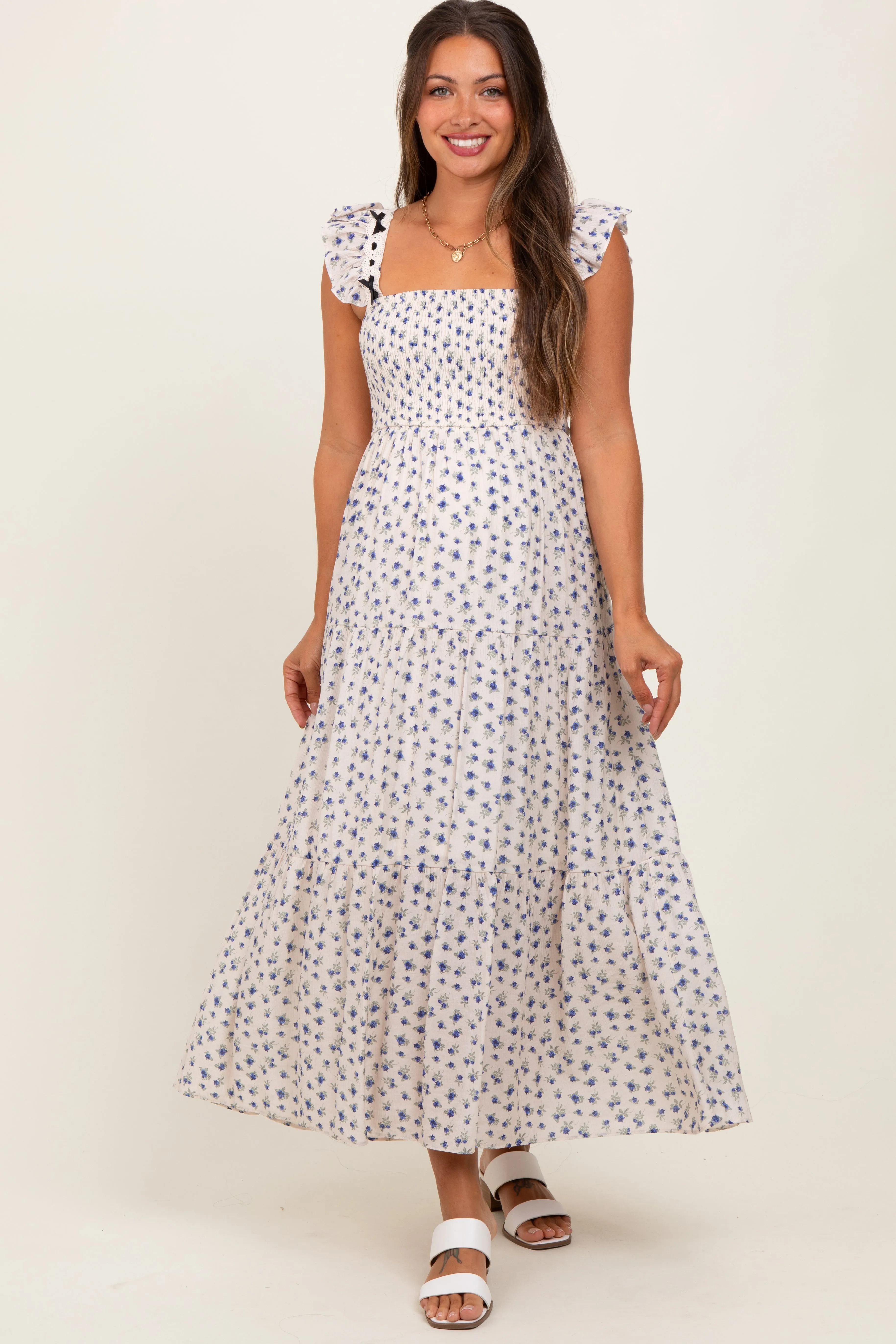 Blue Floral Bow Trim Lace Detail Smocked Maternity Maxi Dress sold by Pinkblush
