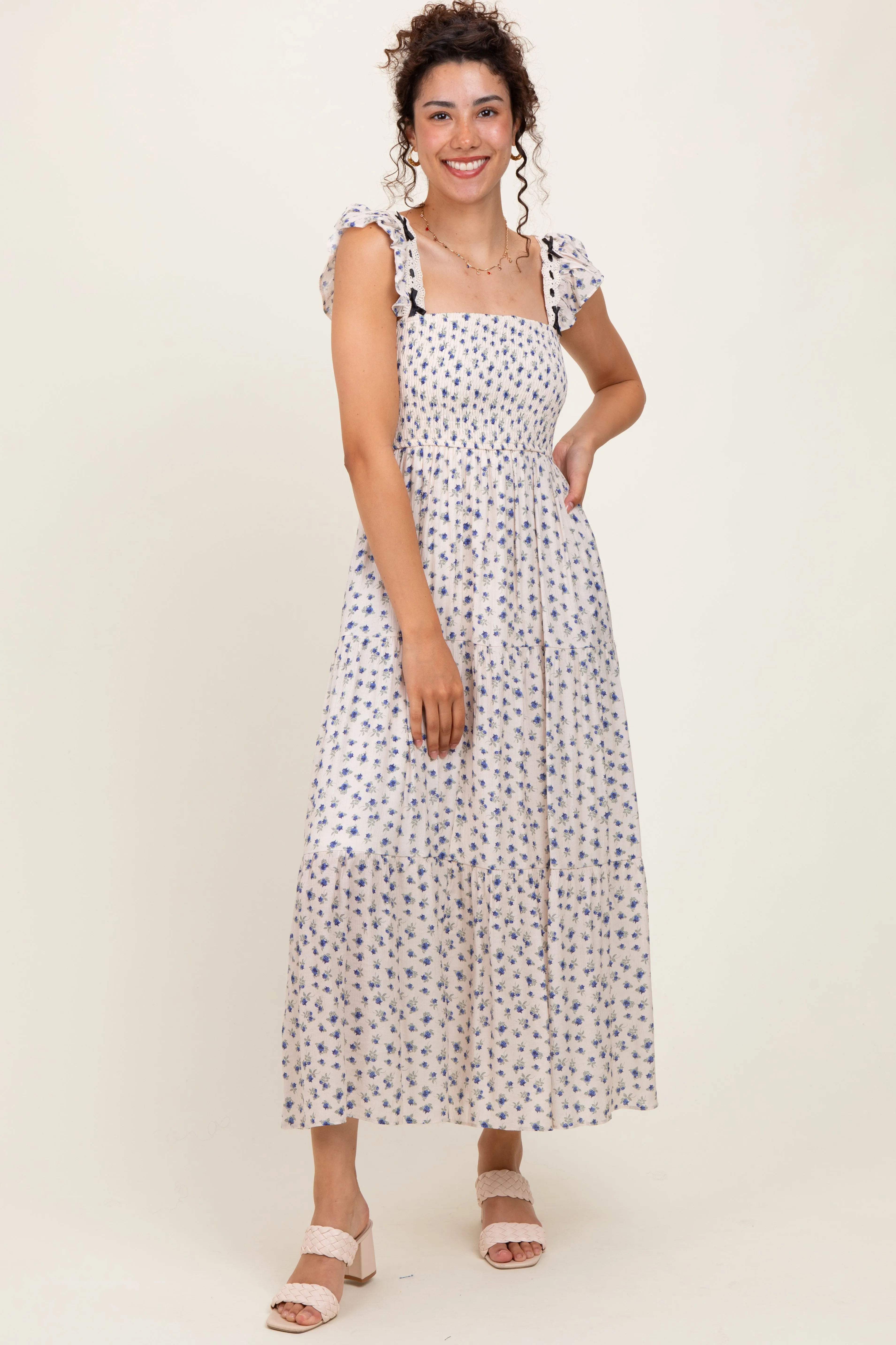 Blue Floral Bow Trim Lace Detail Smocked Maternity Maxi Dress sold by Pinkblush product image thumbnail 5