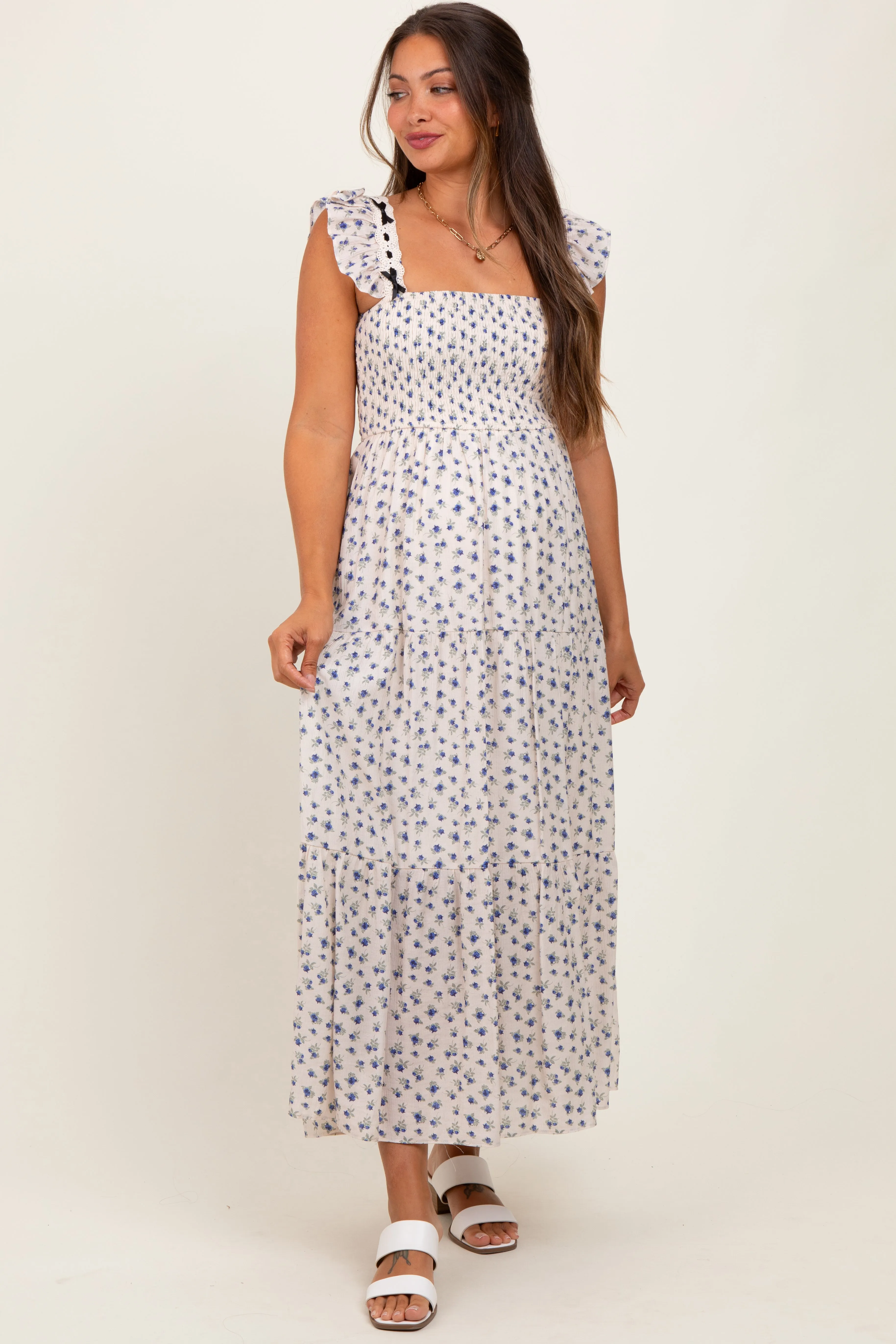 Blue Floral Bow Trim Lace Detail Smocked Maternity Maxi Dress sold by Pinkblush product image thumbnail 2