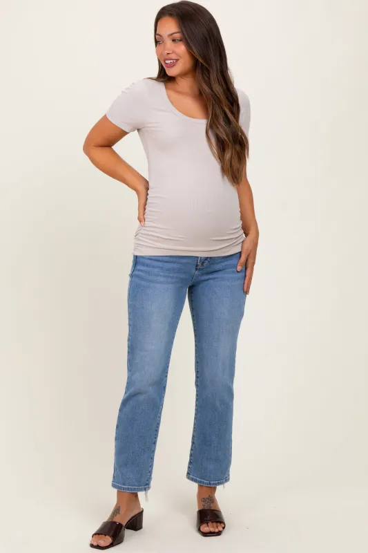 Blue Fringe Hem Ankle Straight Leg Maternity Jeans sold by Pinkblush