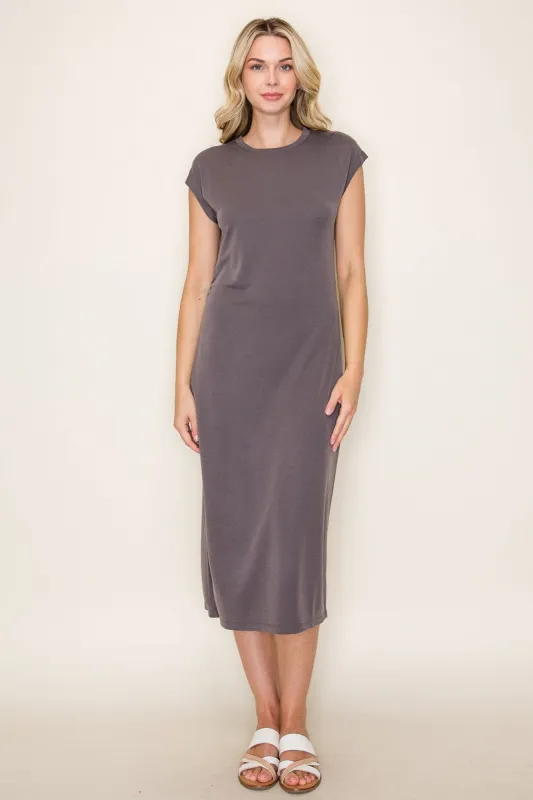 Charcoal Solid Short Sleeve Midi Dress sold by Pinkblush