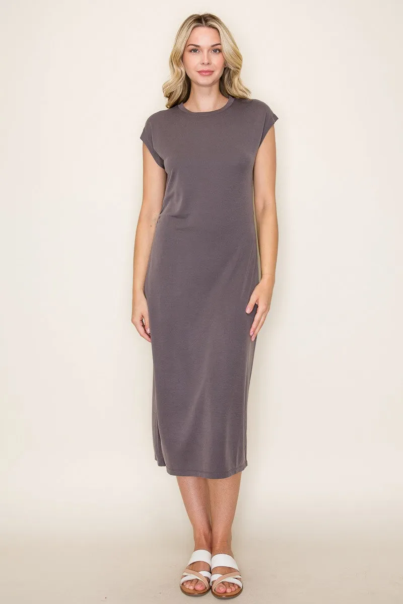 Charcoal Solid Short Sleeve Midi Dress sold by Pinkblush