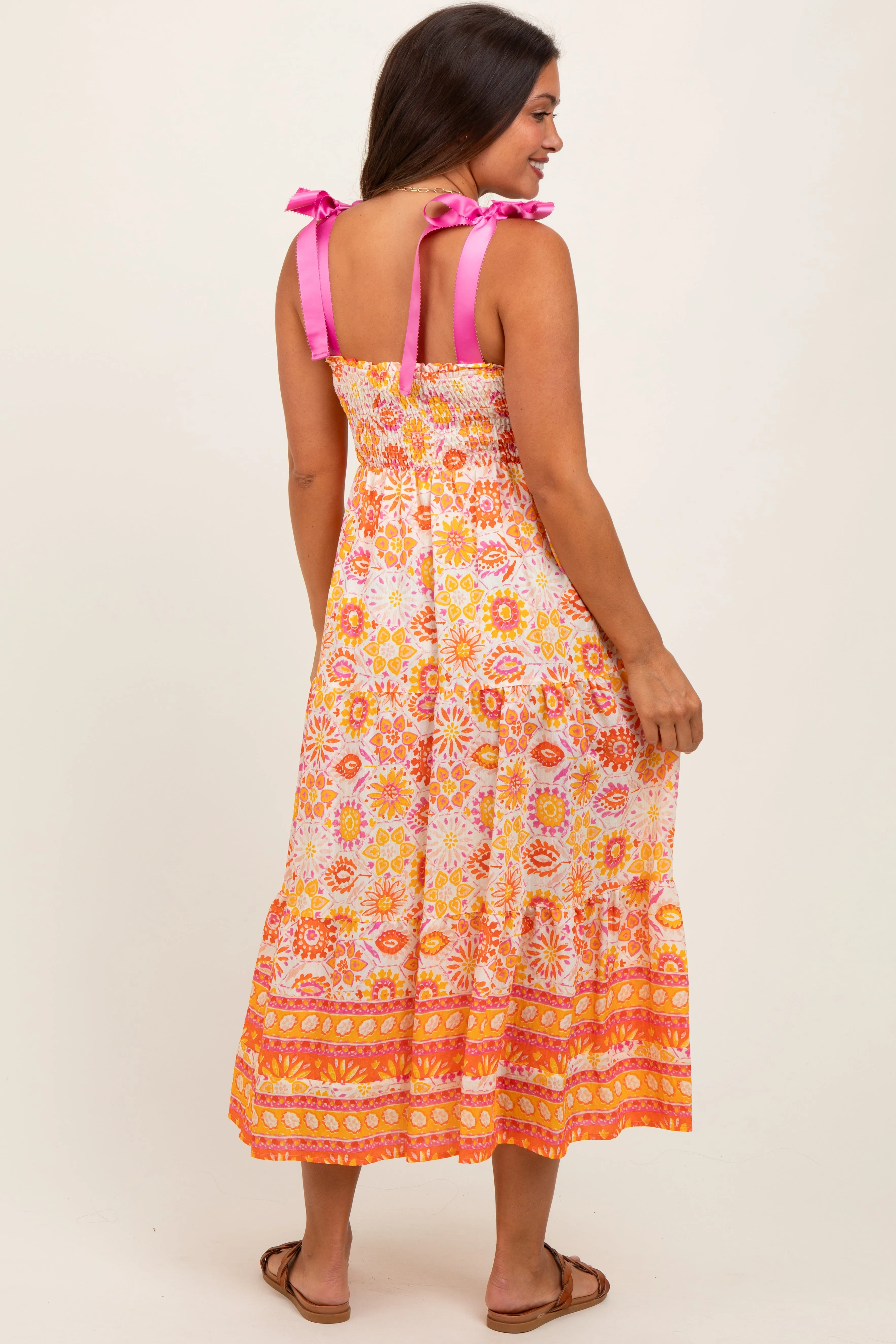 Yellow Floral Shoulder Tie Smocked Maternity Midi Dress sold by Pinkblush product image thumbnail 4