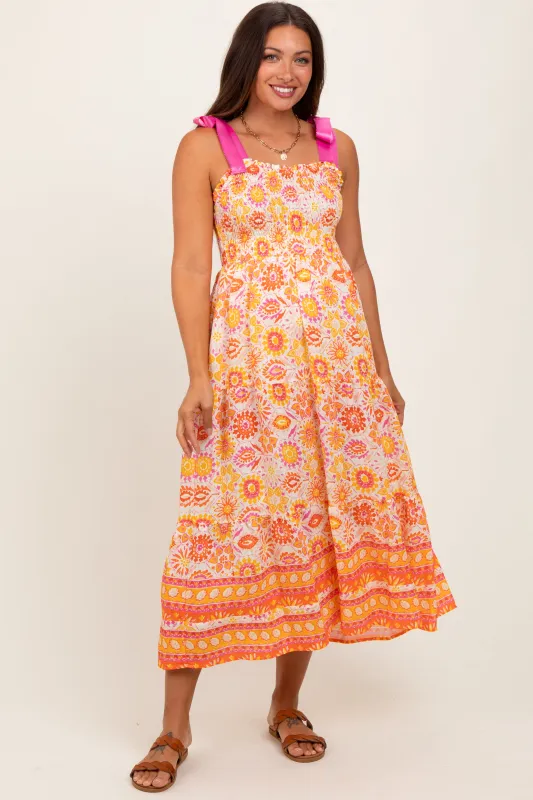 Yellow Floral Shoulder Tie Smocked Maternity Midi Dress sold by Pinkblush