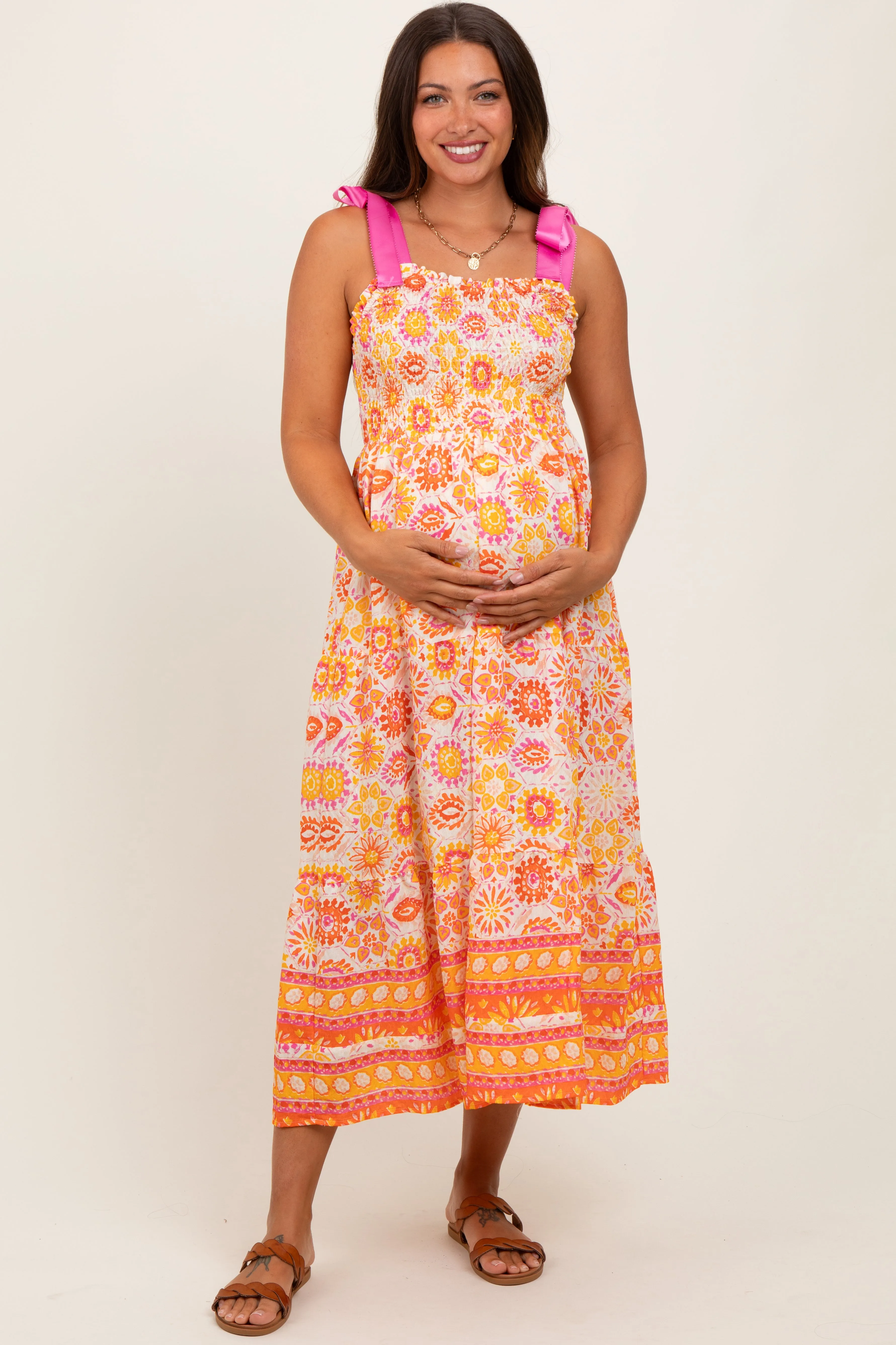 Yellow Floral Shoulder Tie Smocked Maternity Midi Dress sold by Pinkblush product image thumbnail 2