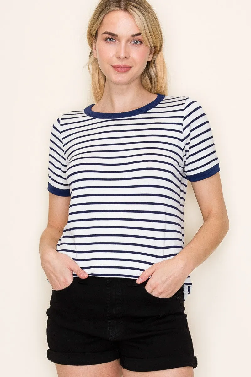 Navy Blue Striped Short Sleeve Top sold by Pinkblush