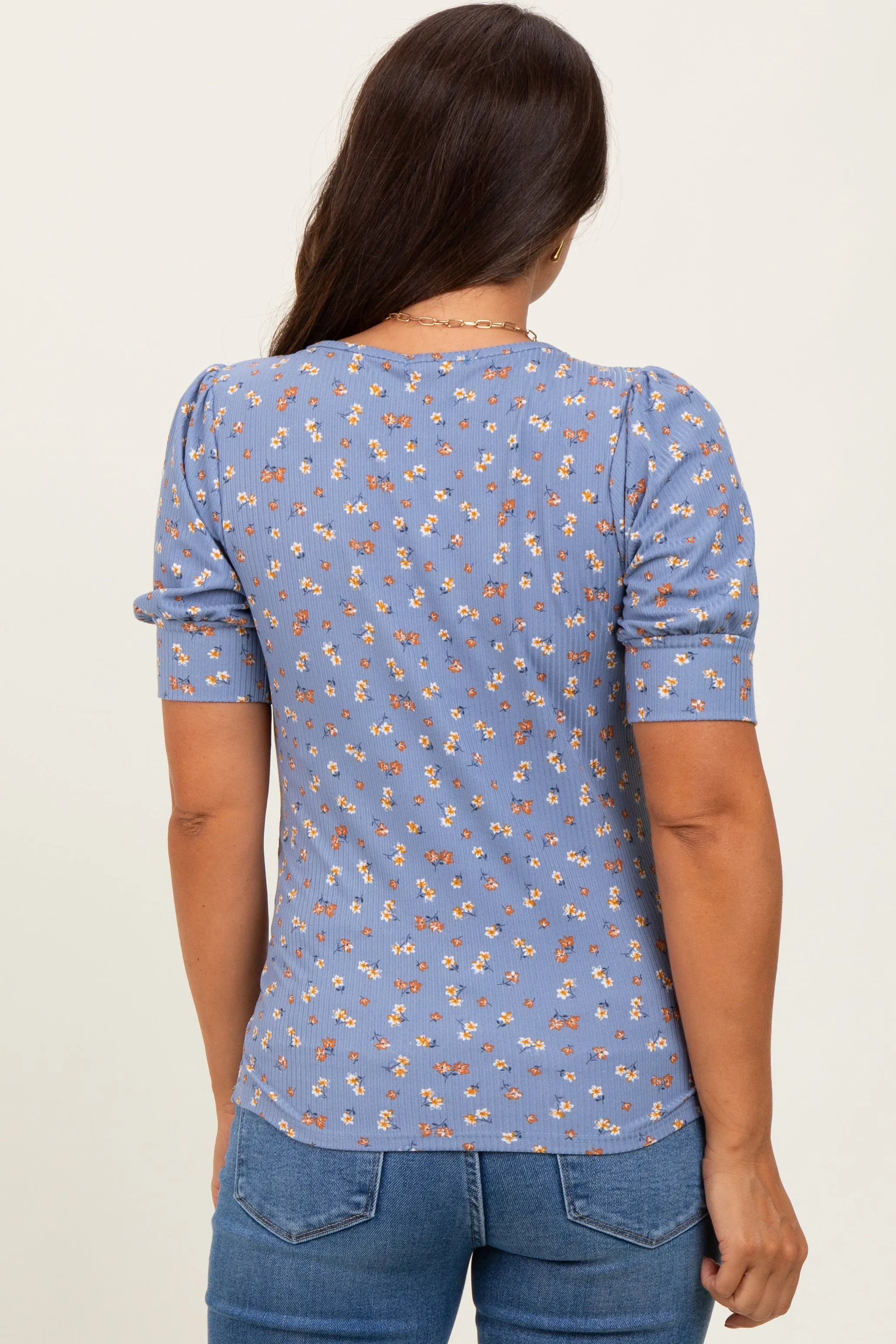 Blue Floral Ribbed Puff Sleeve Maternity Top sold by Pinkblush product image thumbnail 4
