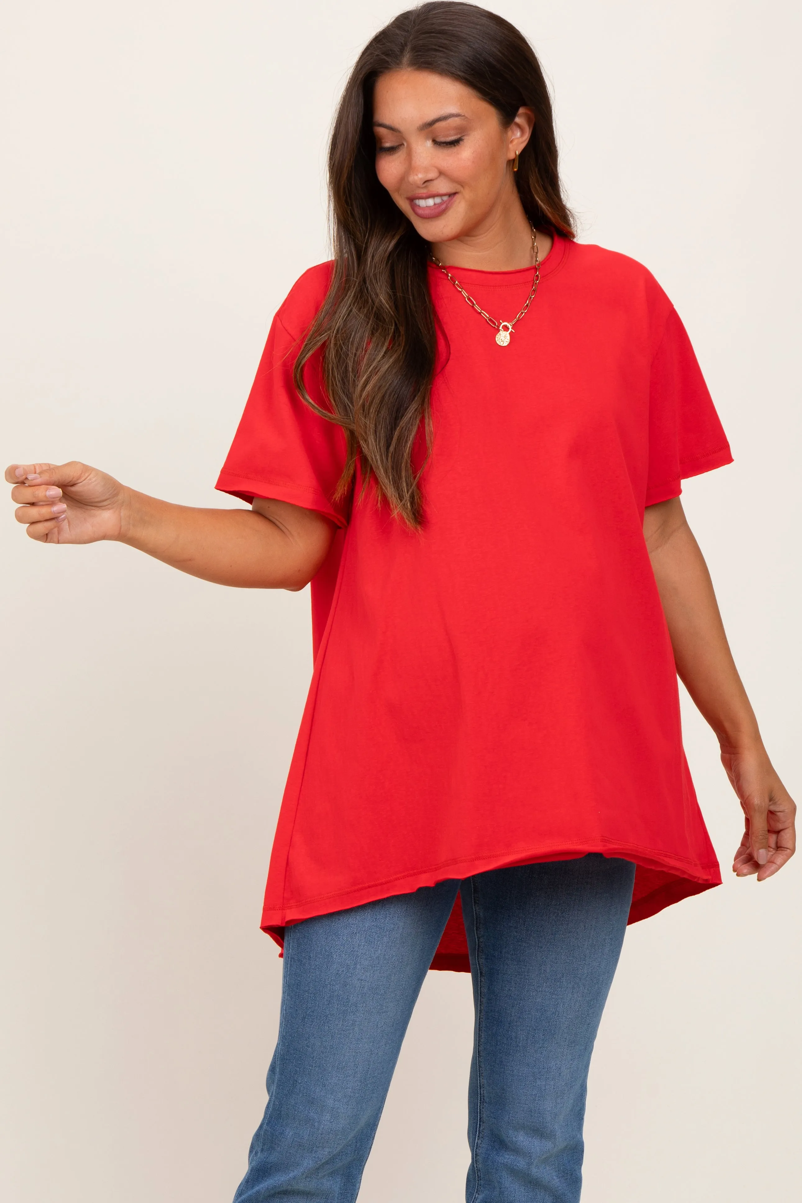 Red Oversized Cut Hem Maternity Short Sleeve T-Shirt sold by Pinkblush product image thumbnail 2