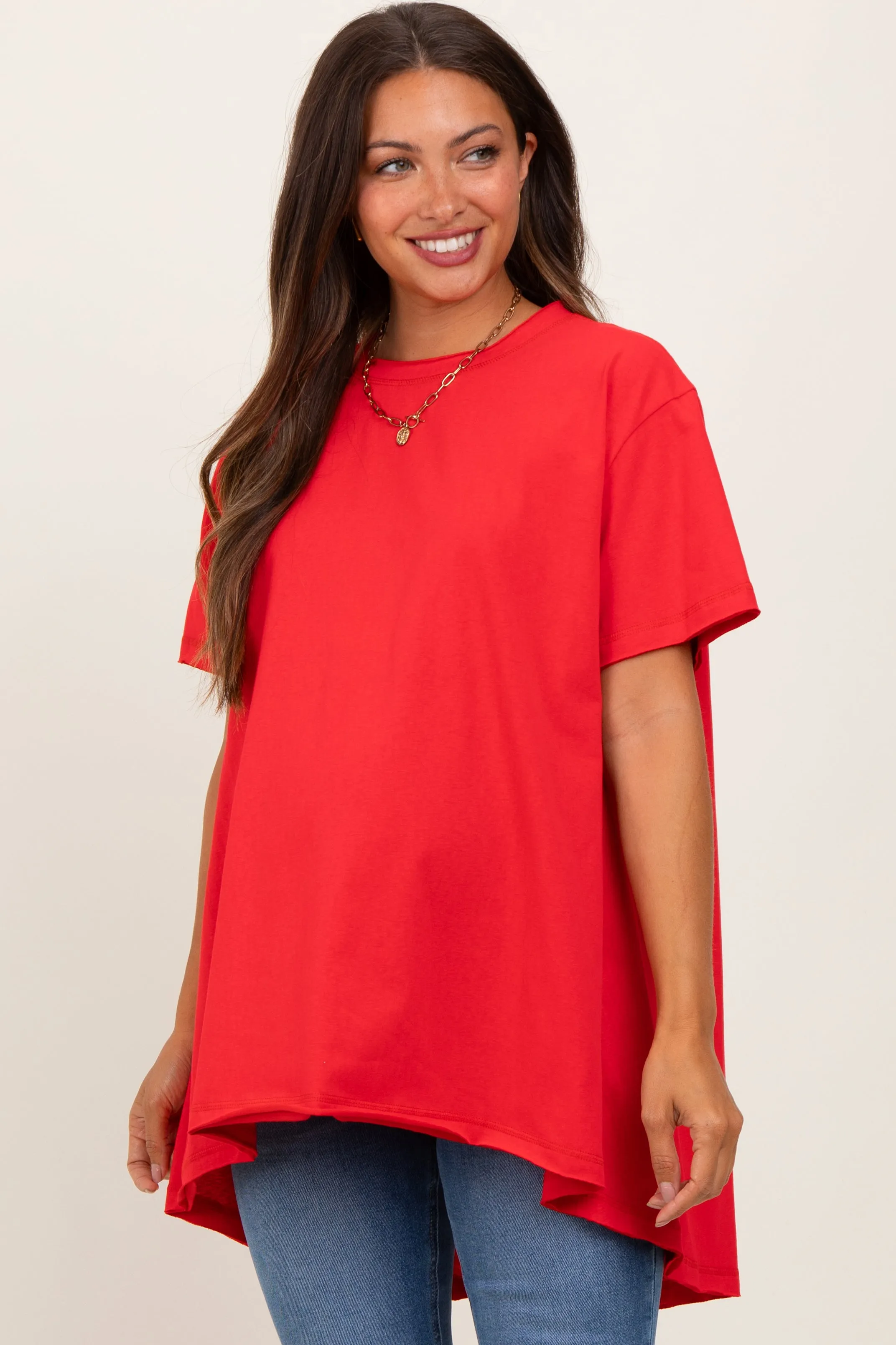 Red Oversized Cut Hem Maternity Short Sleeve T-Shirt sold by Pinkblush