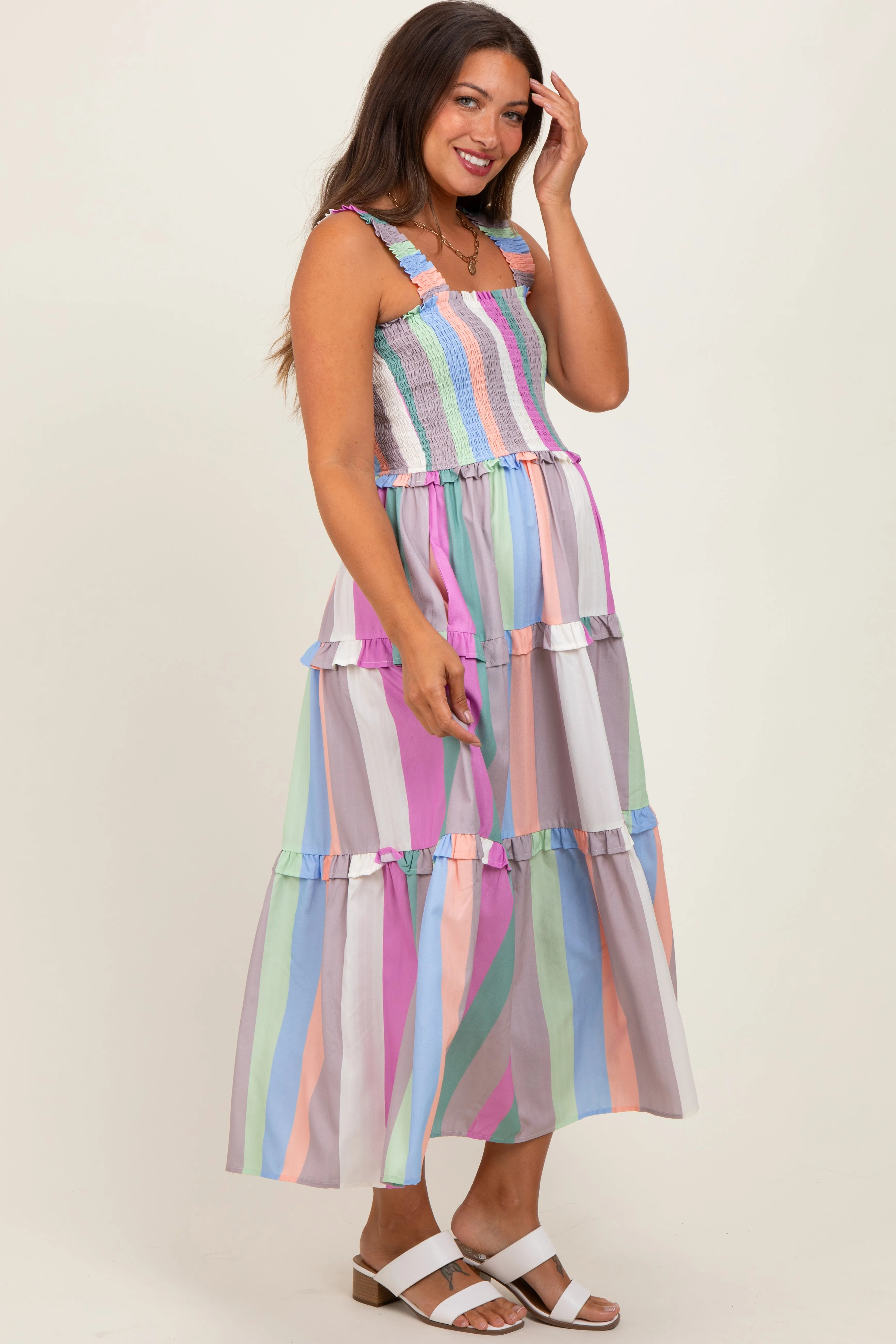 Lavender Wide Stripe Smocked Tiered Maternity Midi Dress sold by Pinkblush product image thumbnail 3