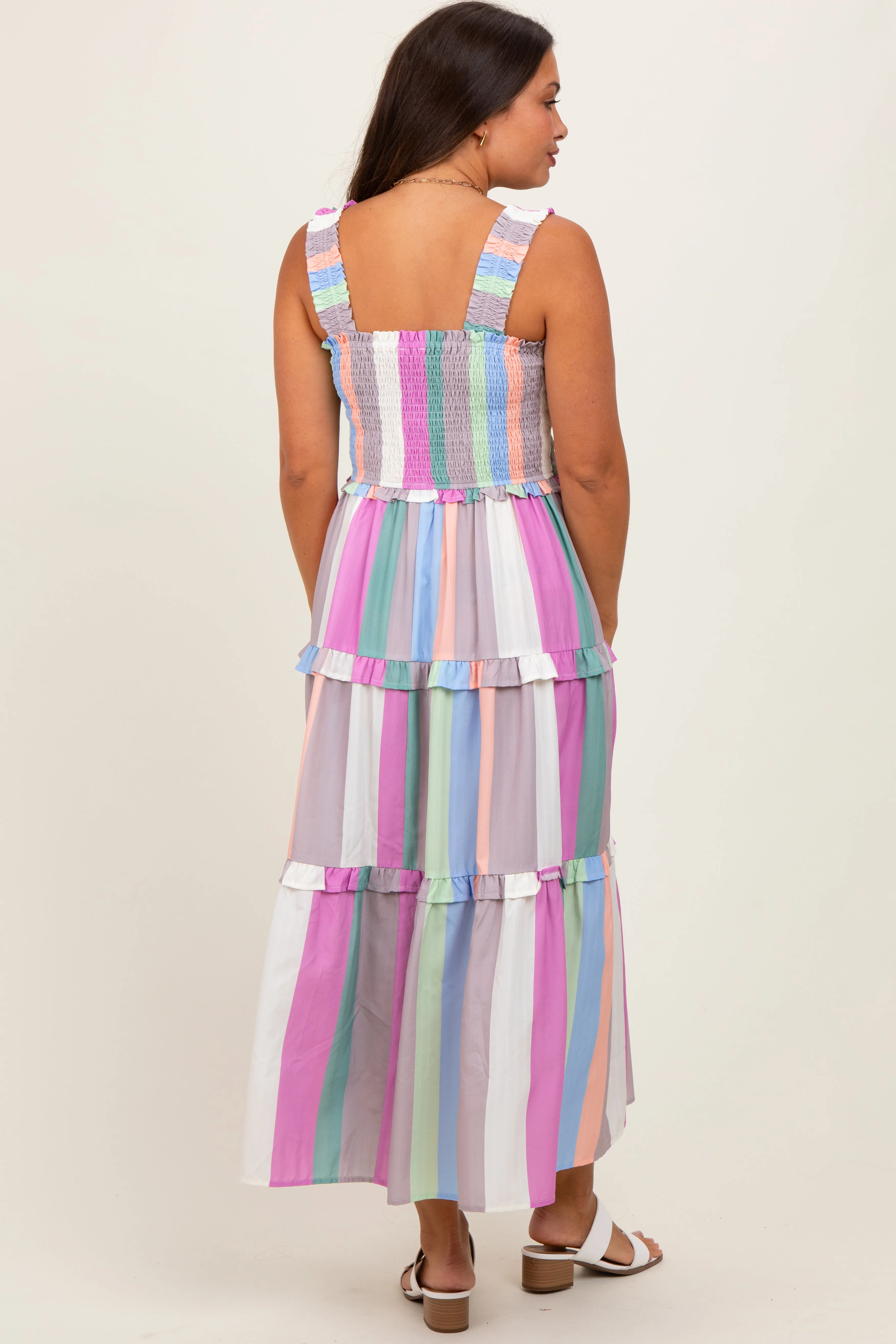 Lavender Wide Stripe Smocked Tiered Maternity Midi Dress sold by Pinkblush product image thumbnail 4