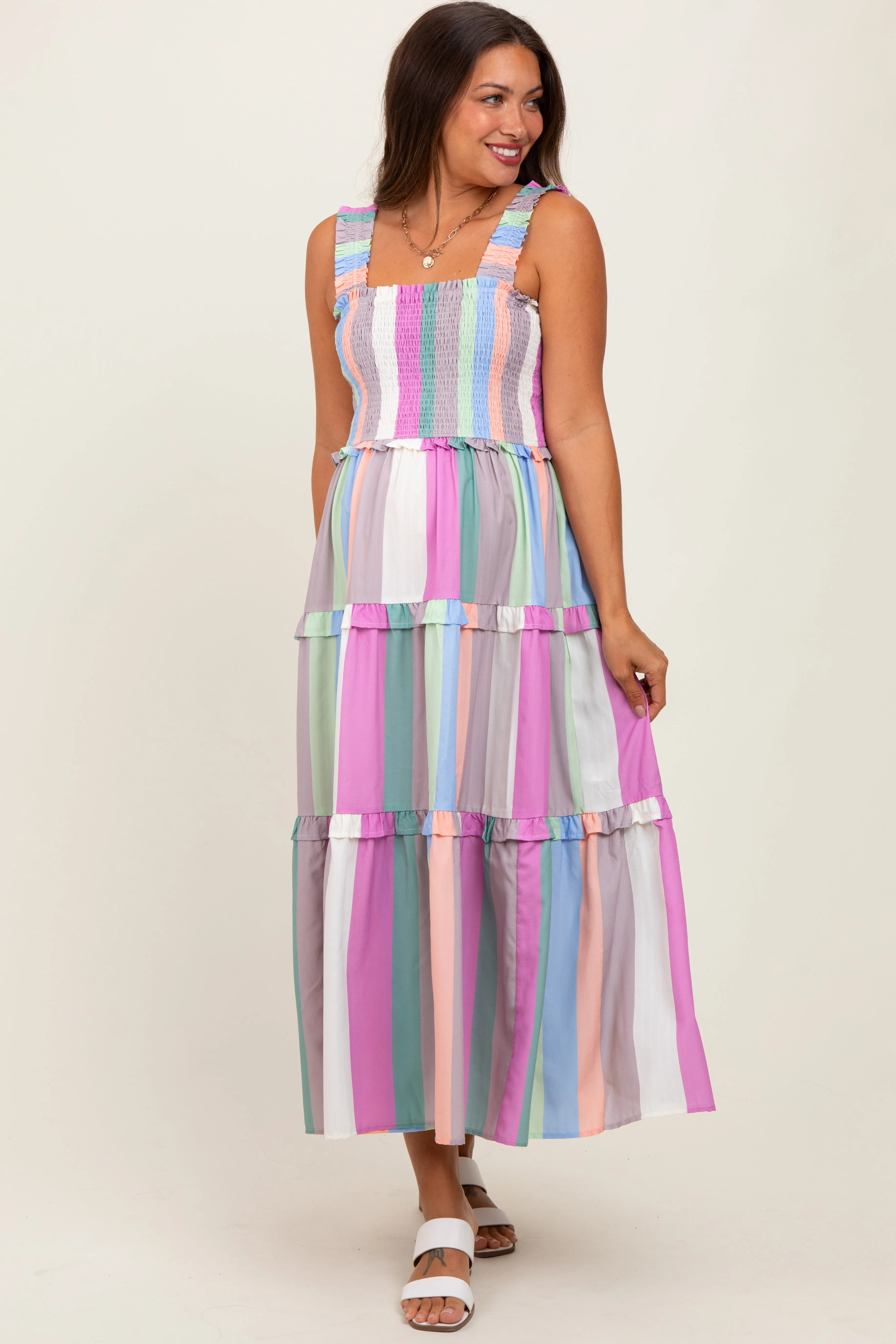 Lavender Wide Stripe Smocked Tiered Maternity Midi Dress sold by Pinkblush