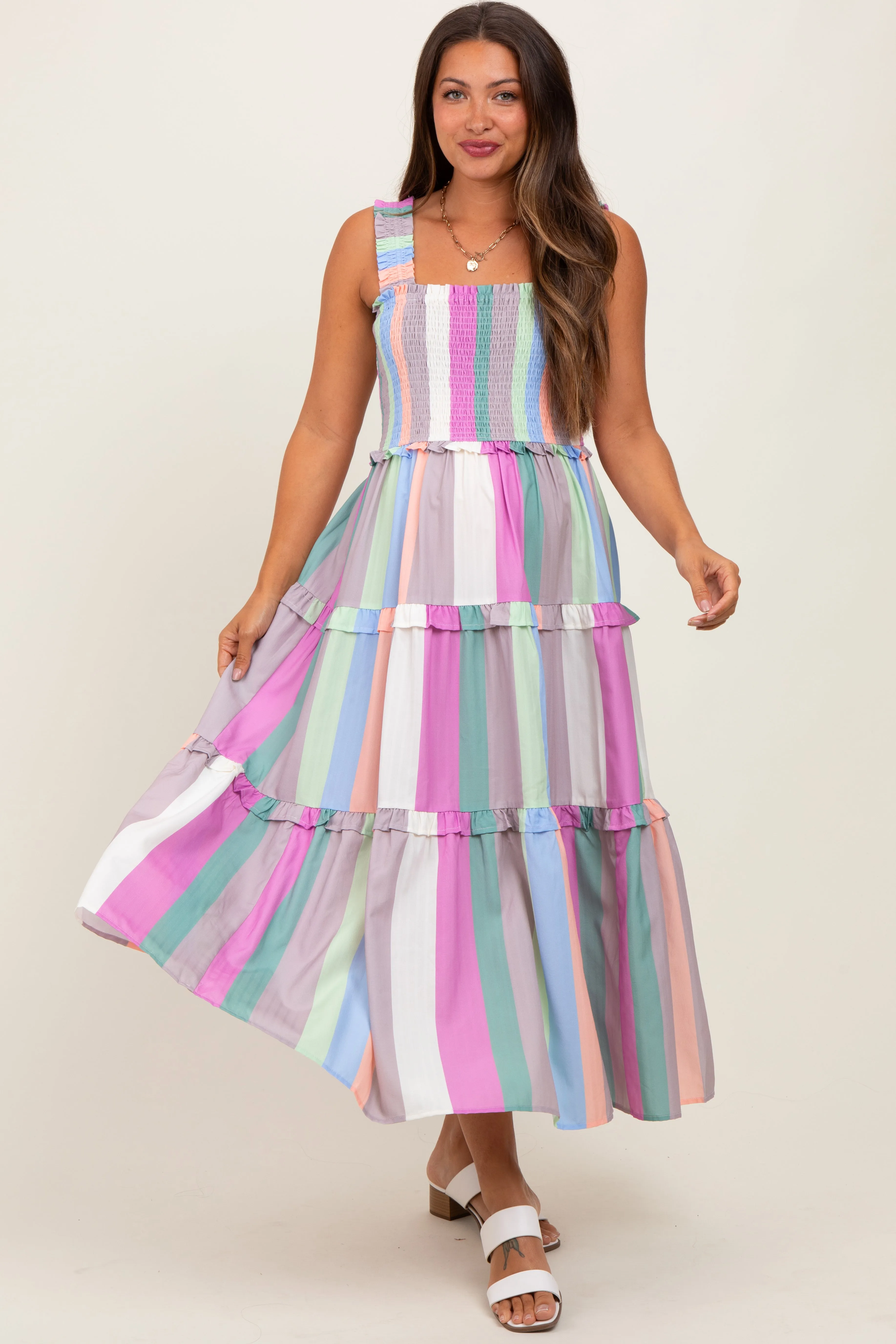 Lavender Wide Stripe Smocked Tiered Maternity Midi Dress sold by Pinkblush product image thumbnail 2