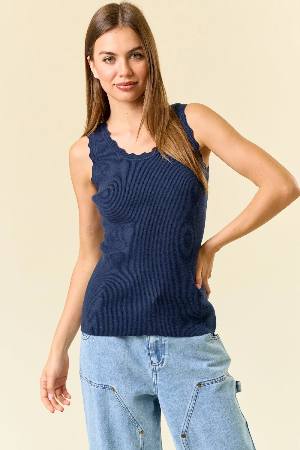Navy Knit Scalloped Detail Tank Top sold by Pinkblush