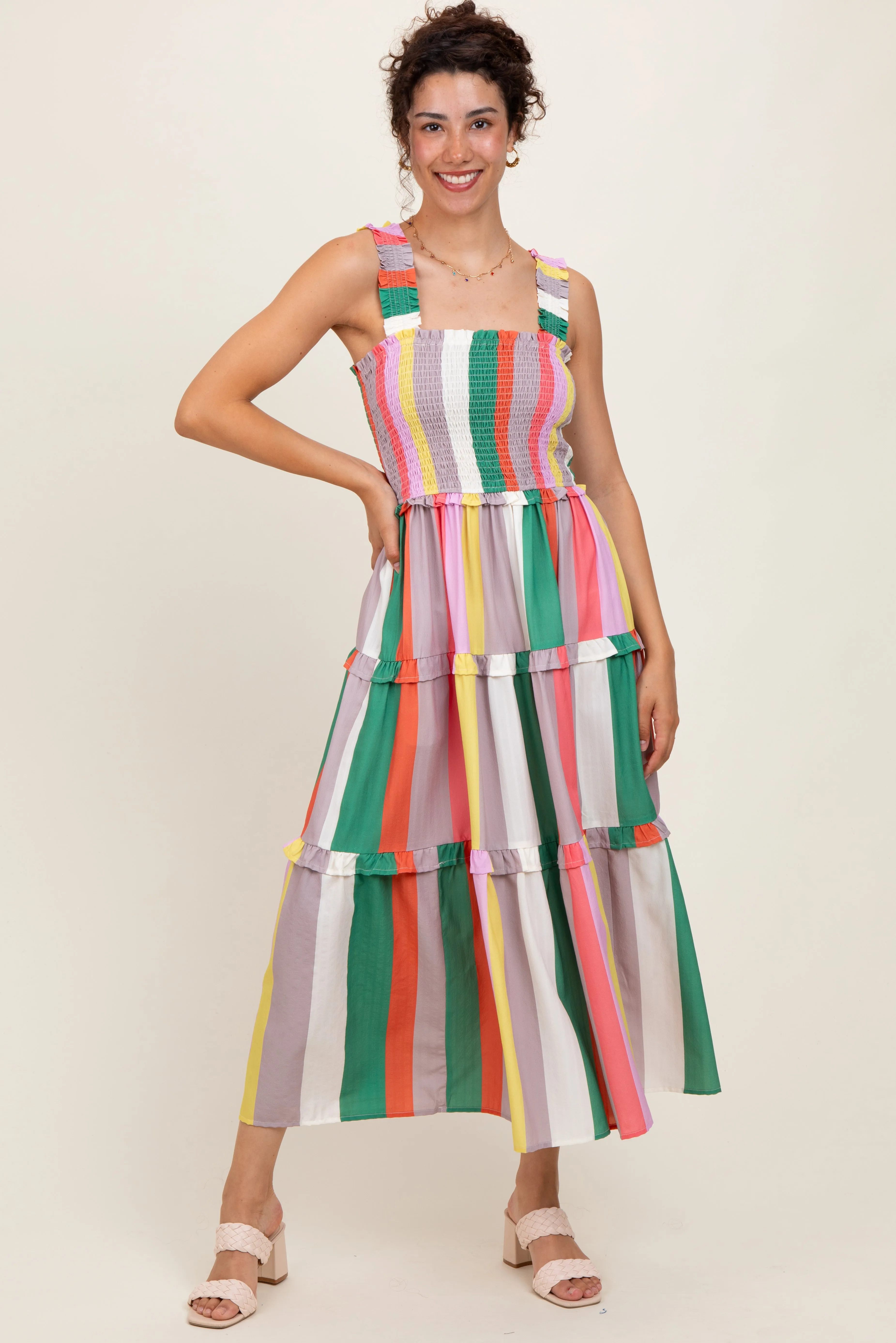 Green Wide Stripe Smocked Tiered Maternity Midi Dress sold by Pinkblush product image thumbnail 5