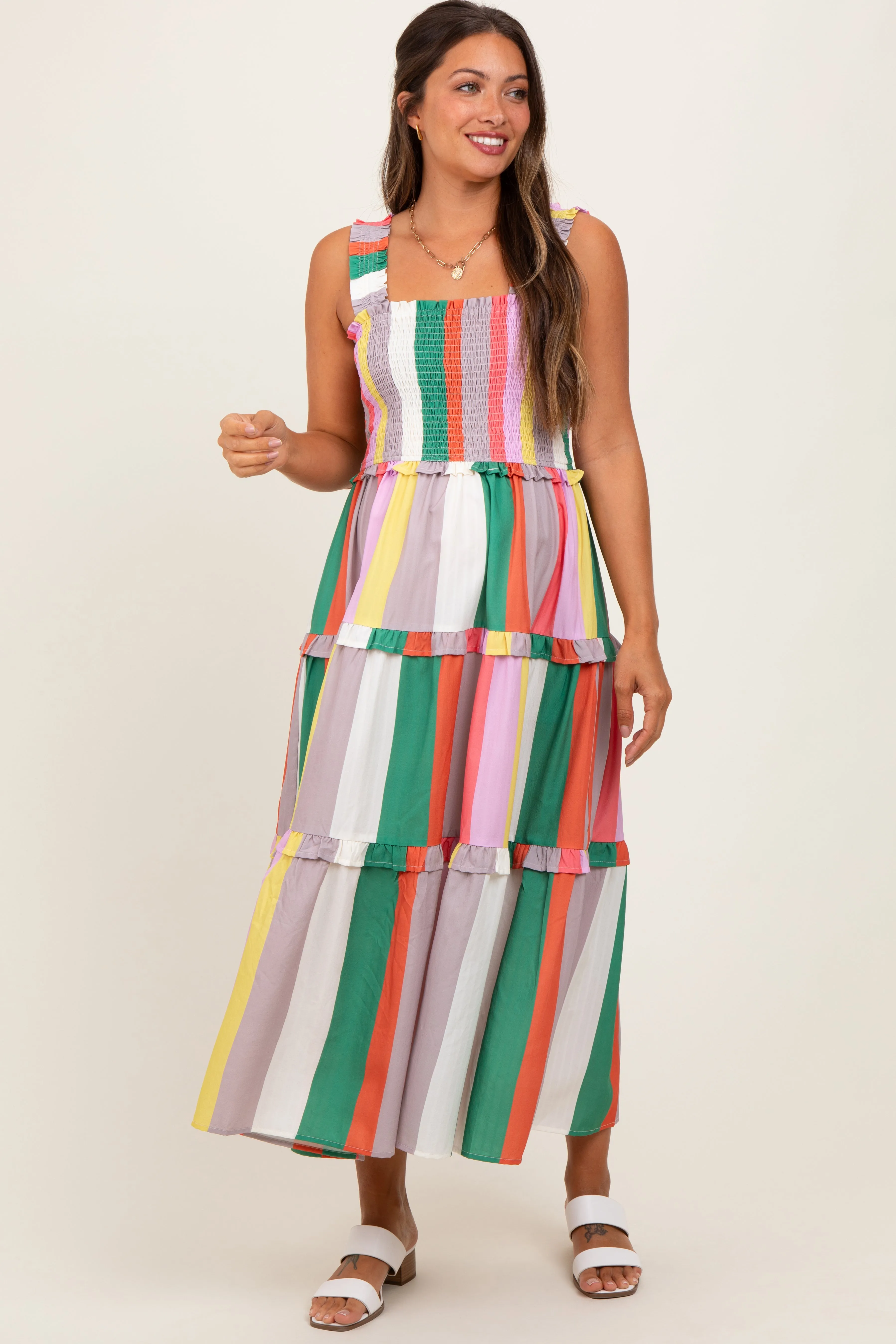 Green Wide Stripe Smocked Tiered Maternity Midi Dress sold by Pinkblush product image thumbnail 2
