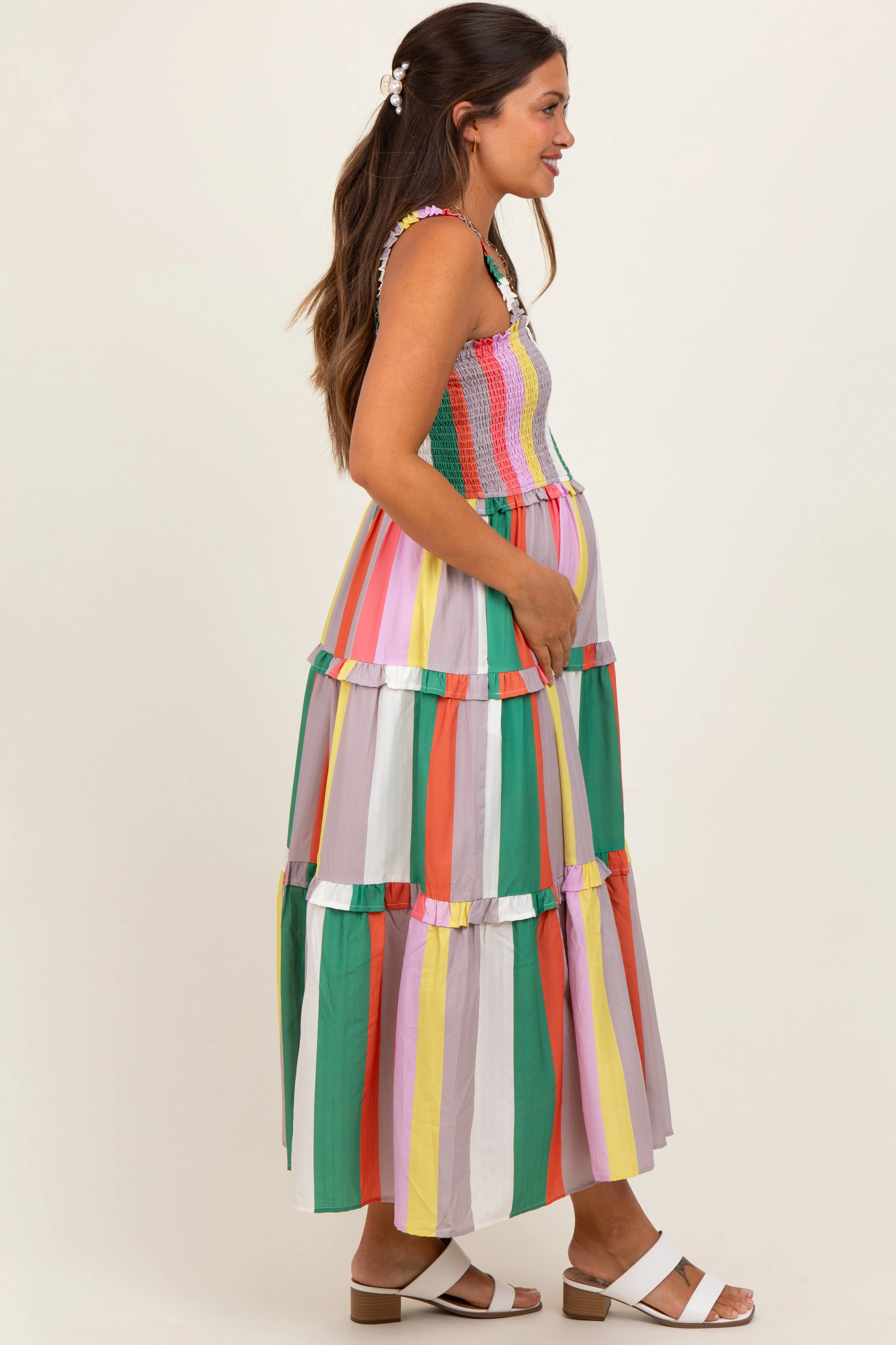 Green Wide Stripe Smocked Tiered Maternity Midi Dress sold by Pinkblush product image thumbnail 3