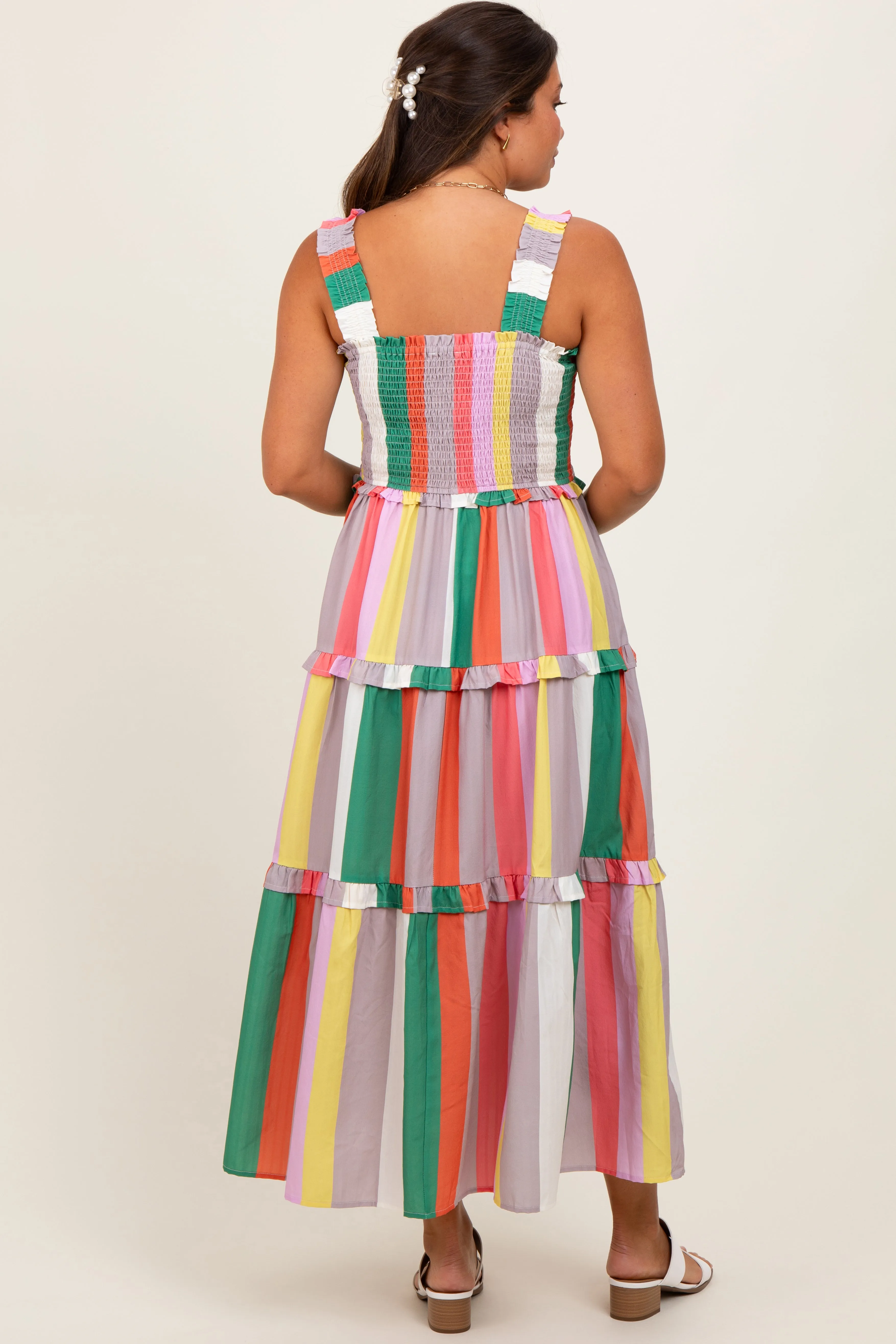 Green Wide Stripe Smocked Tiered Maternity Midi Dress sold by Pinkblush product image thumbnail 4