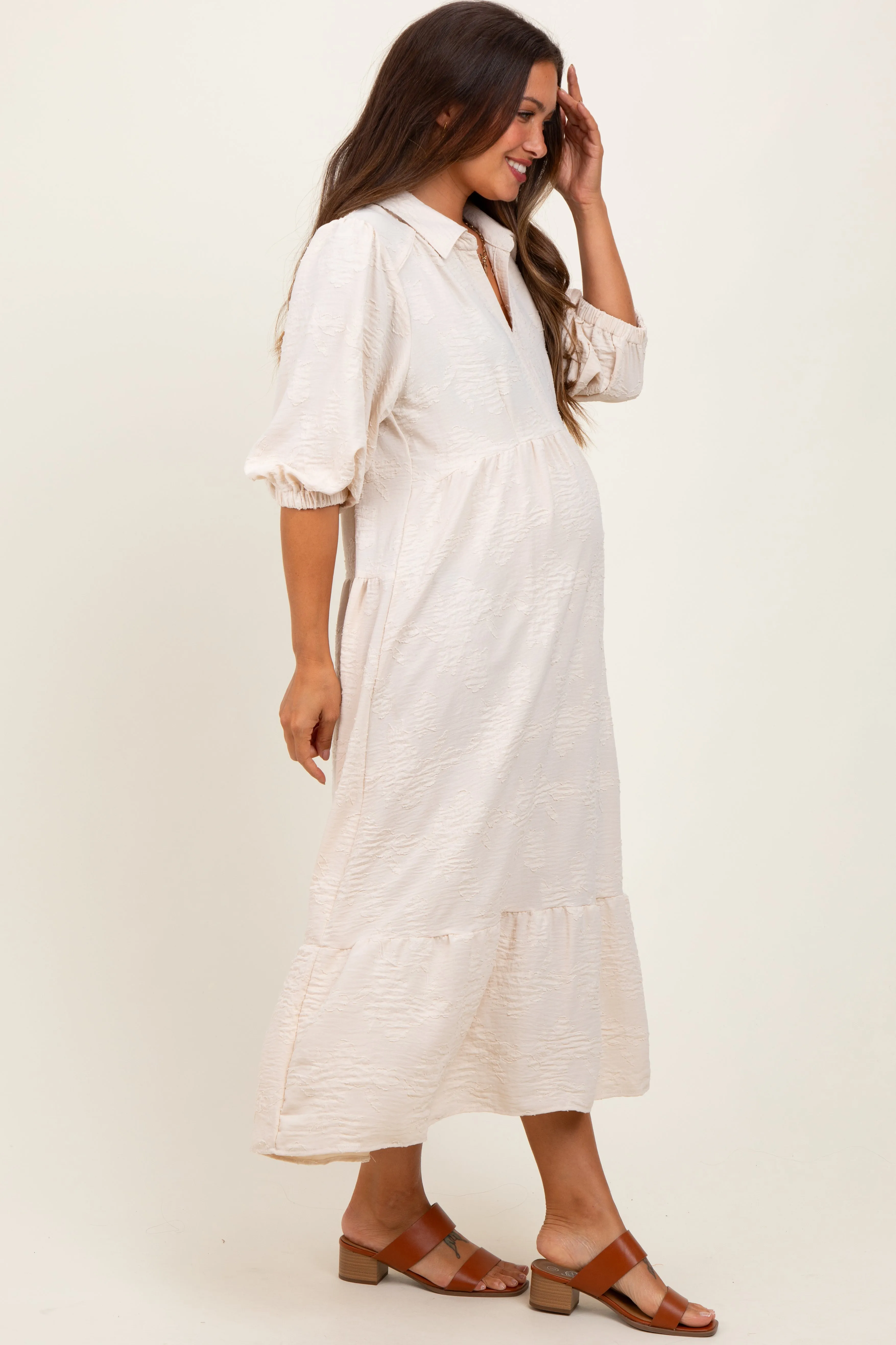 Cream Floral Applique Collared Maternity Midi Dress sold by Pinkblush product image thumbnail 3