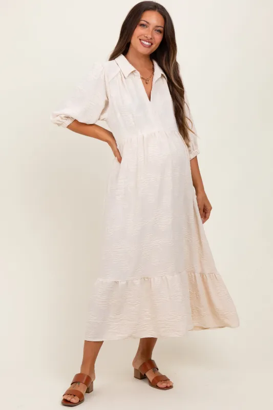 Cream Floral Applique Collared Maternity Midi Dress sold by Pinkblush
