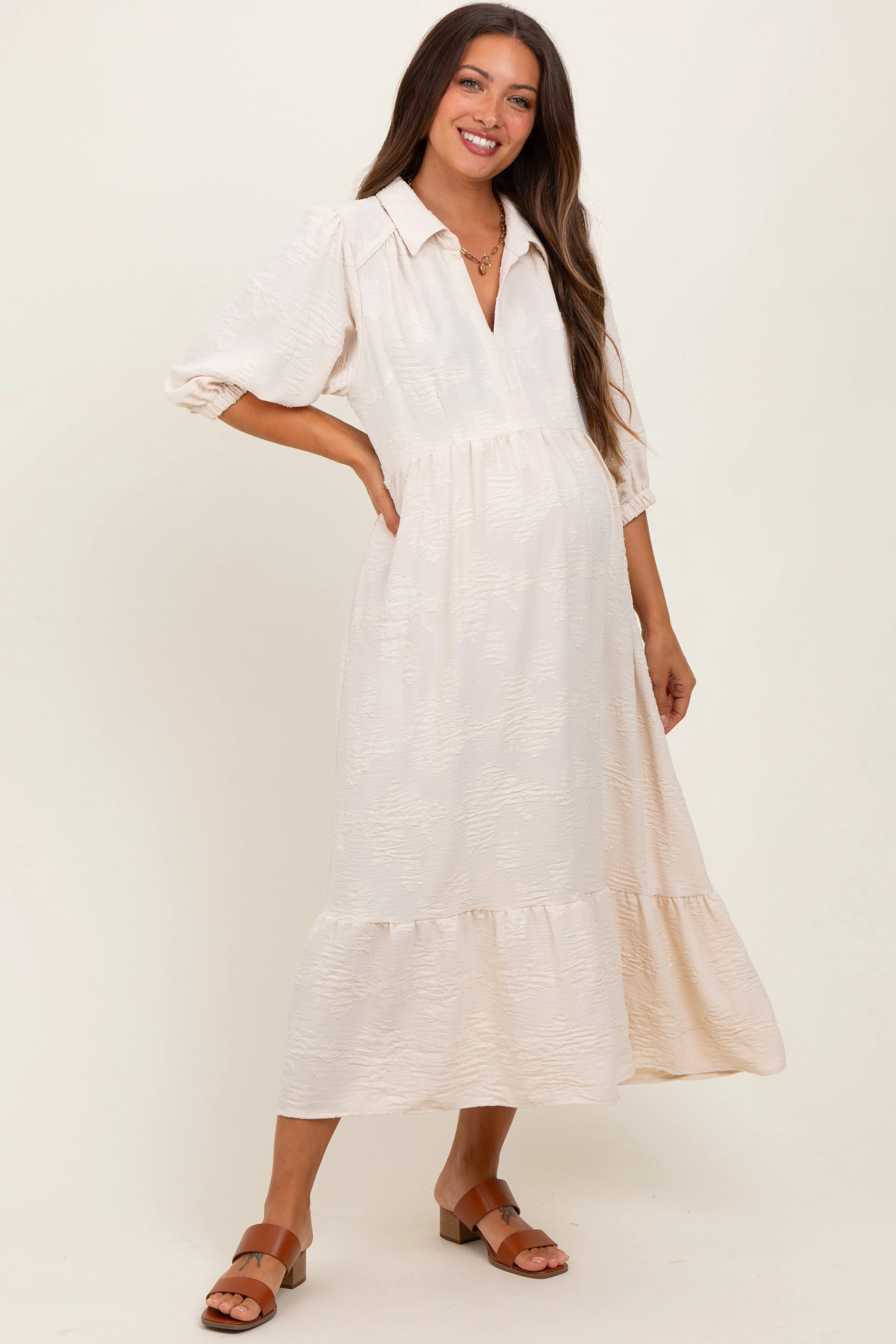 Cream Floral Applique Collared Maternity Midi Dress sold by Pinkblush