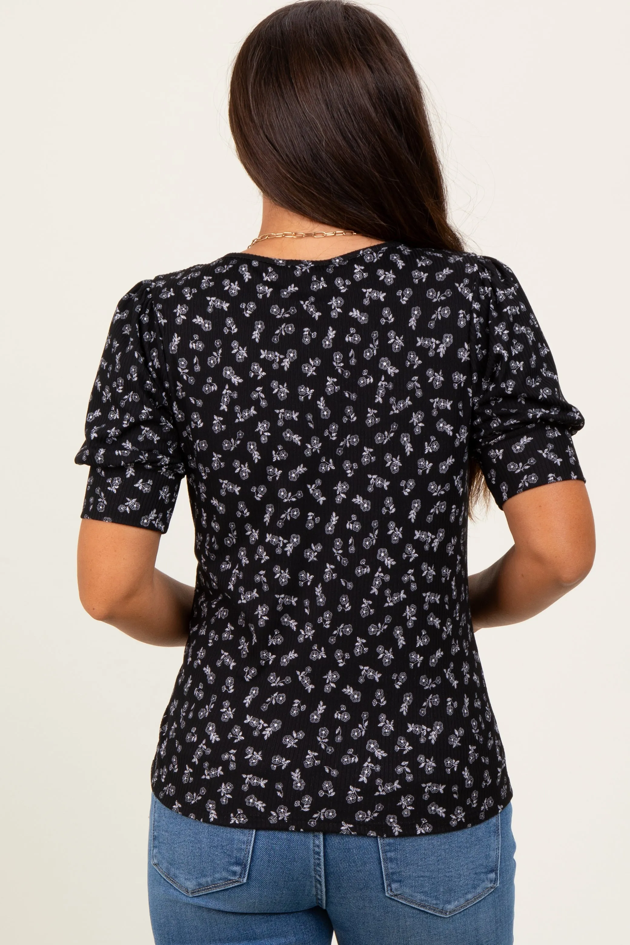 Black Floral Ribbed Puff Sleeve Maternity Top sold by Pinkblush product image thumbnail 4