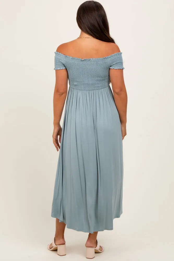 Light Olive Smocked Off The Shoulder Maternity Midi Dress sold by Pinkblush product image thumbnail 4