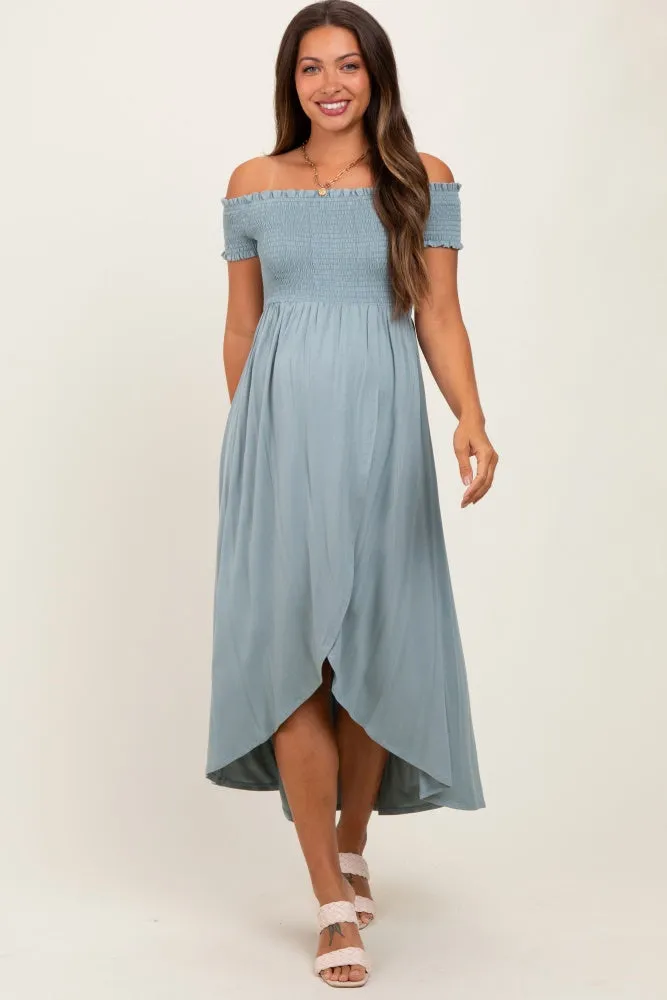 Light Olive Smocked Off The Shoulder Maternity Midi Dress sold by Pinkblush