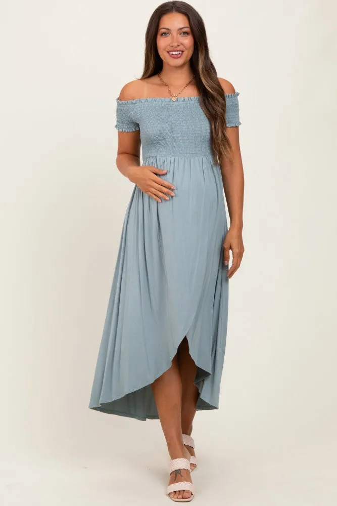 Light Olive Smocked Off The Shoulder Maternity Midi Dress sold by Pinkblush product image thumbnail 2