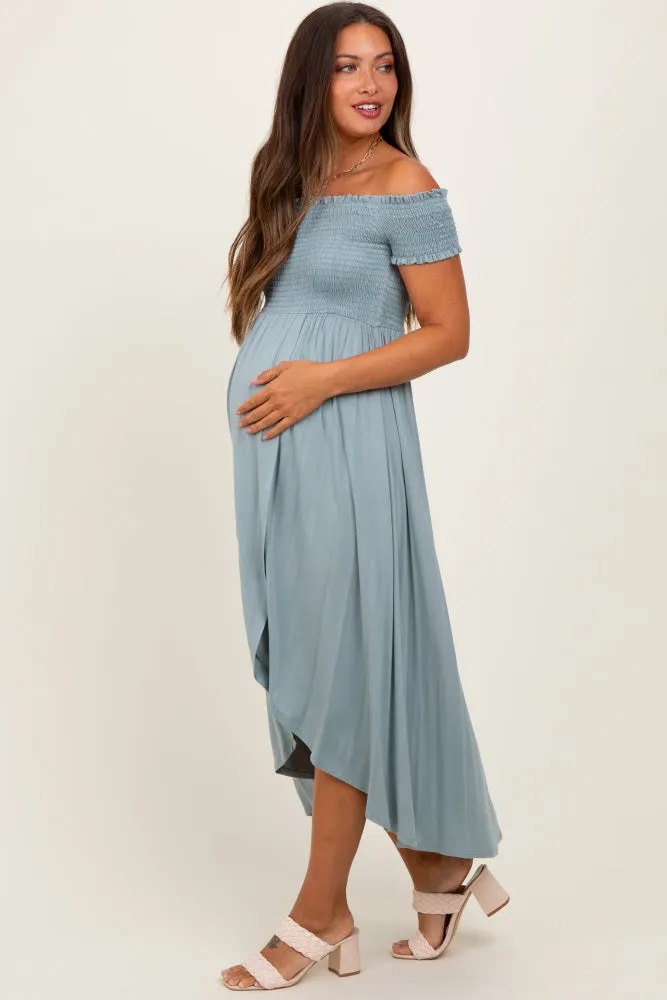 Light Olive Smocked Off The Shoulder Maternity Midi Dress sold by Pinkblush product image thumbnail 3