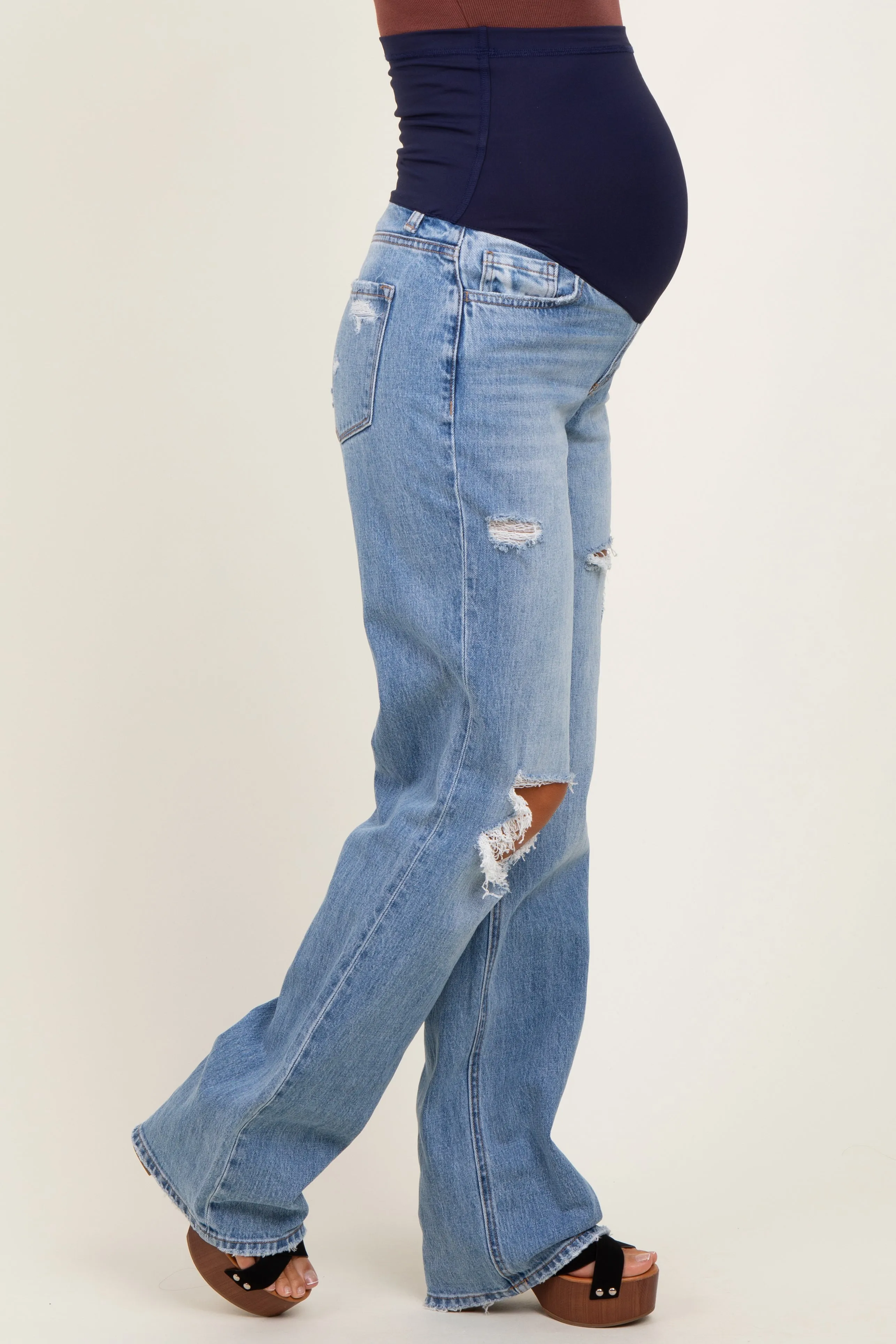Light Blue Distressed Open Knee Straight Leg Maternity Jeans sold by Pinkblush product image thumbnail 4