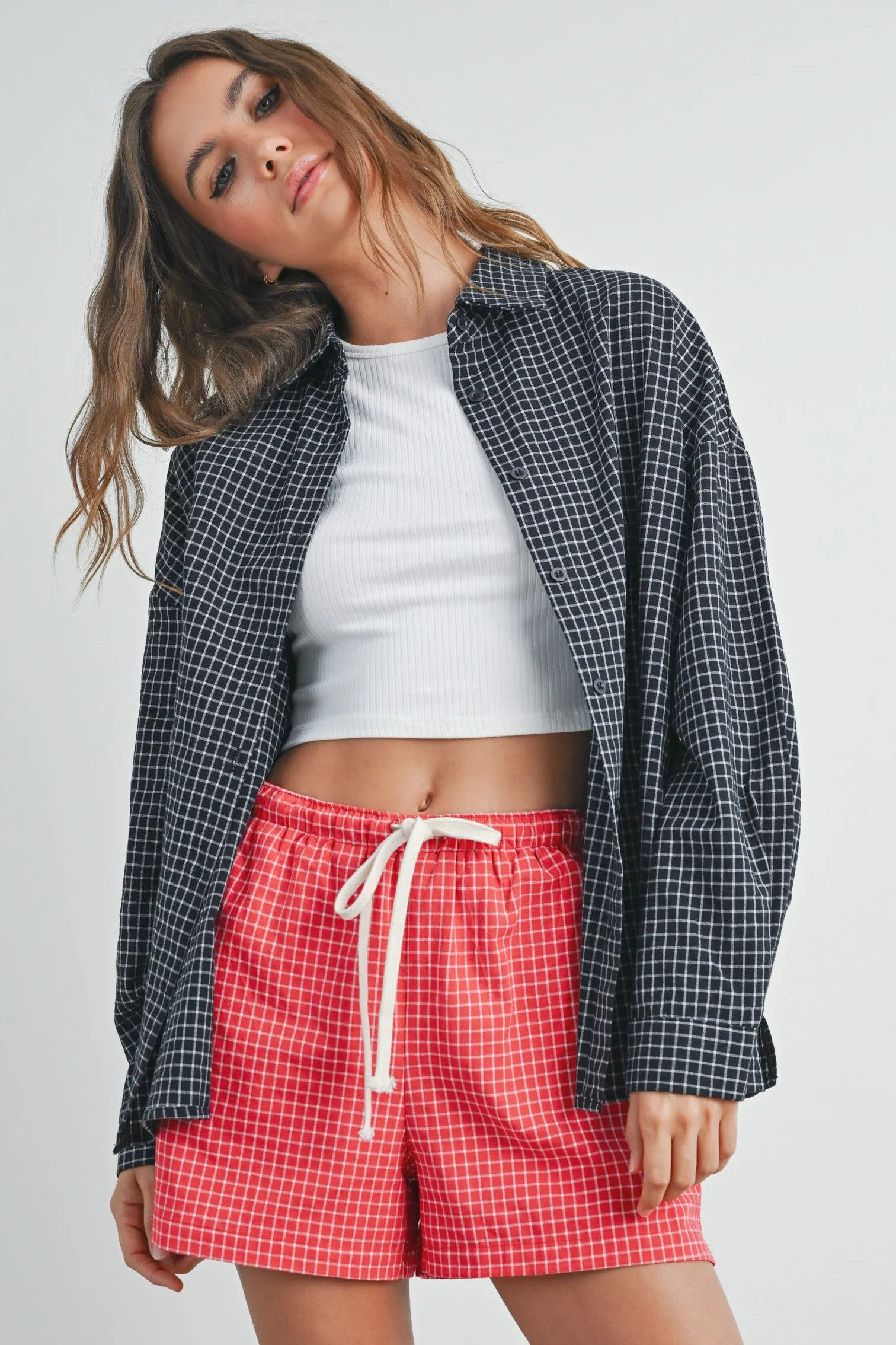 Black Oversized Grid Plaid Button Down Shirt sold by Pinkblush