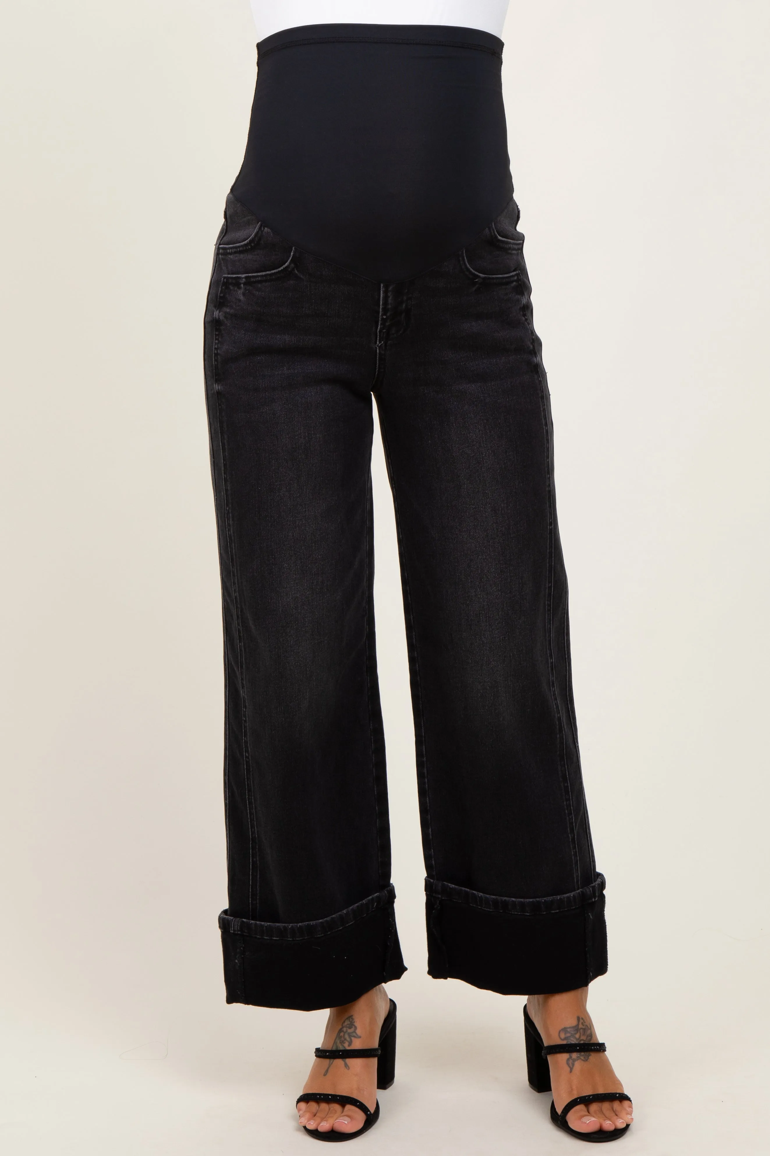 Black Cuffed Relaxed Wide Leg Maternity Jeans sold by Pinkblush product image thumbnail 3