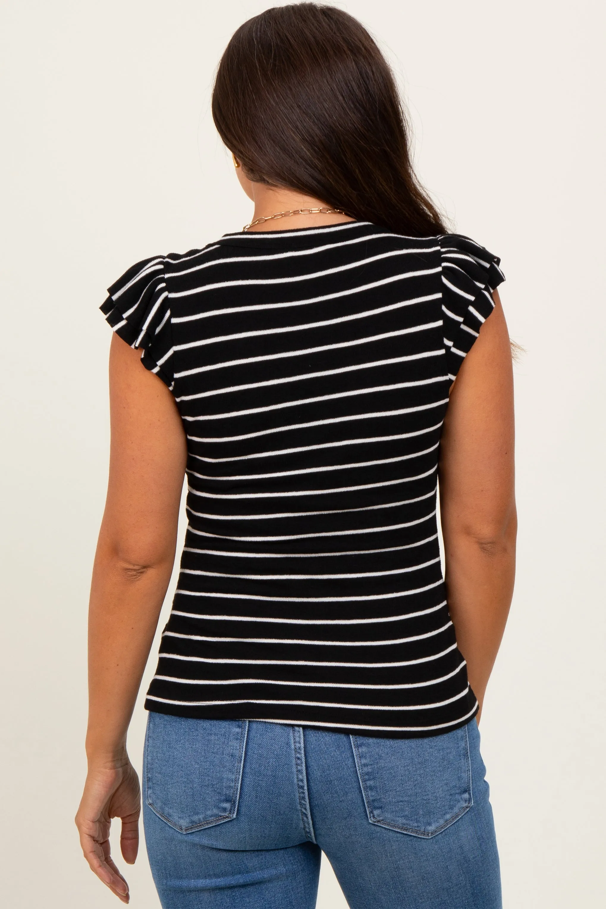 Black/Ivory Stripe Ribbed Ruffle Sleeve V-Neck Maternity Top sold by Pinkblush product image thumbnail 3