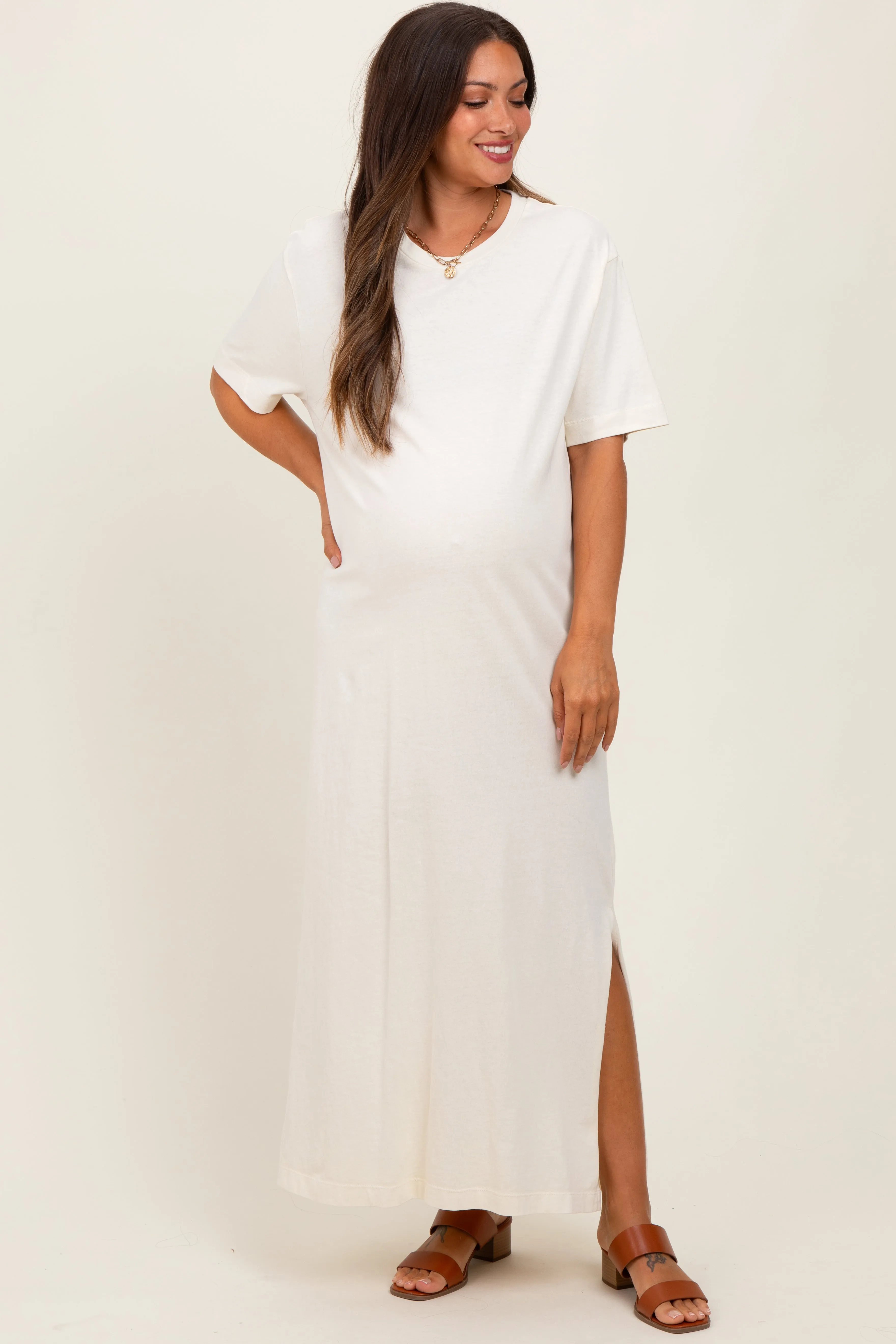 Cream Short Sleeve Knit T-Shirt Maternity Maxi Dress sold by Pinkblush