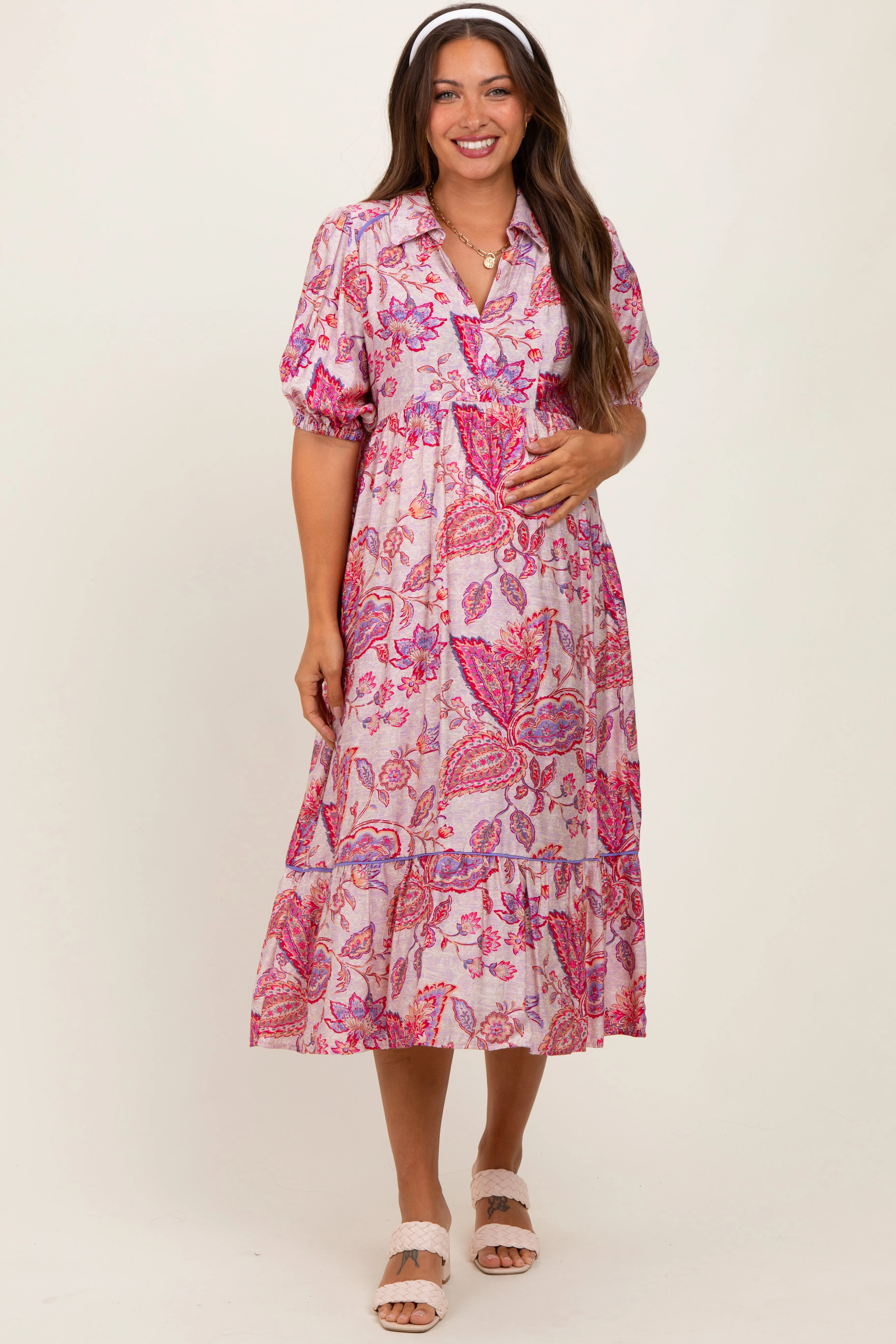Pink Paisley Collared Ruffle Hem Maternity Midi Dress sold by Pinkblush product image thumbnail 2