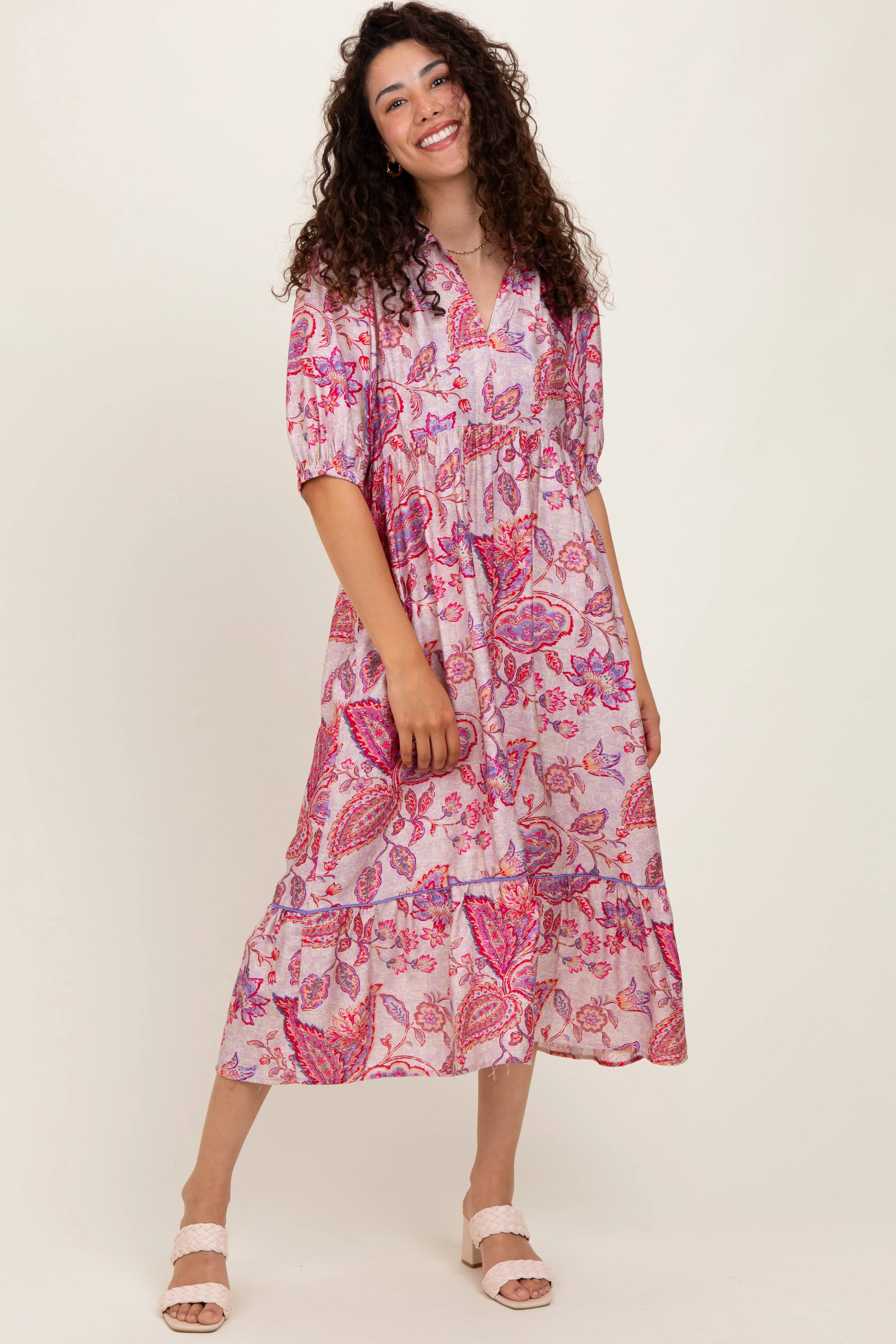 Pink Paisley Collared Ruffle Hem Maternity Midi Dress sold by Pinkblush product image thumbnail 4