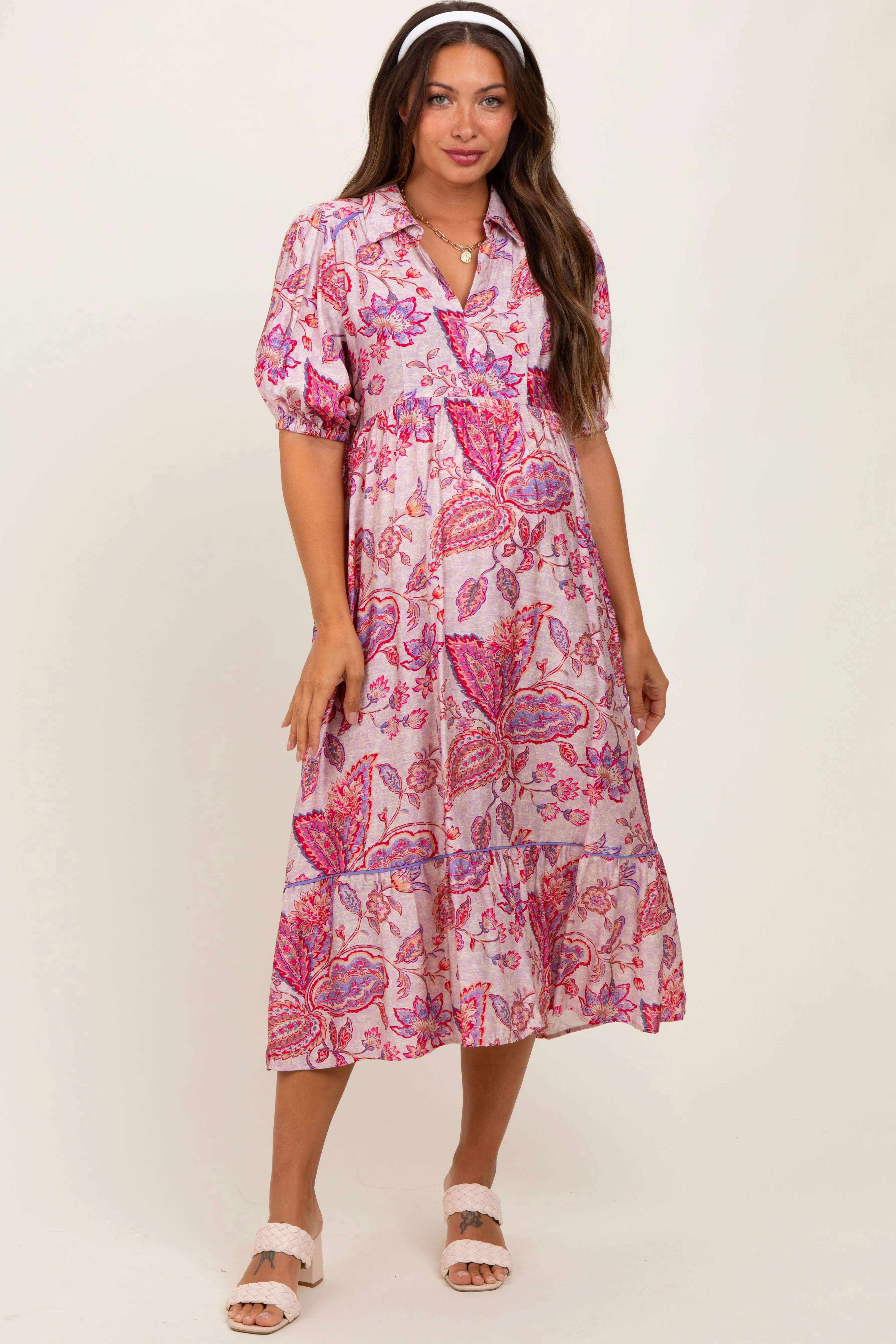 Pink Paisley Collared Ruffle Hem Maternity Midi Dress sold by Pinkblush