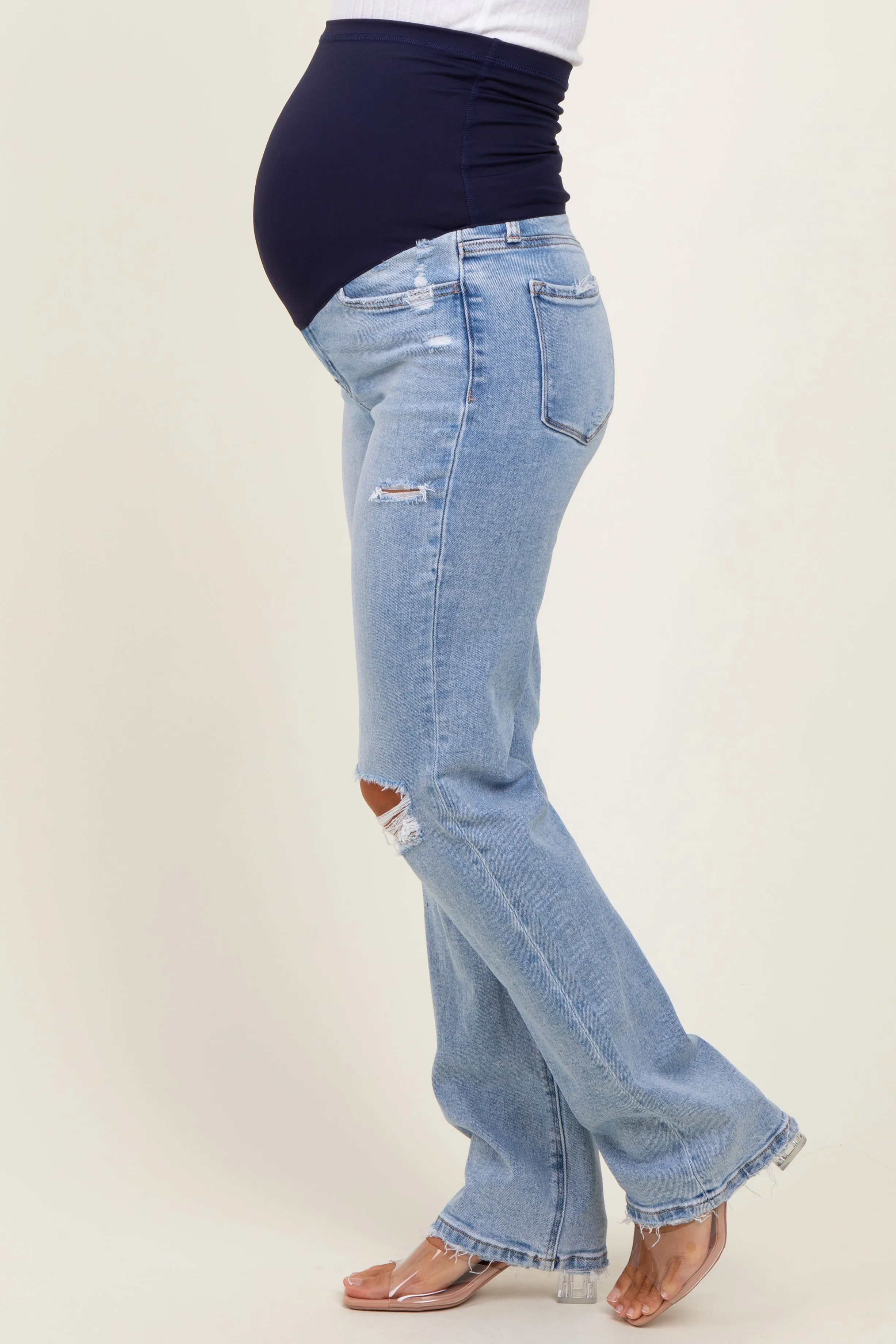 Light Blue Distressed Ripped Knee Straight Leg Maternity Jeans sold by Pinkblush product image thumbnail 4