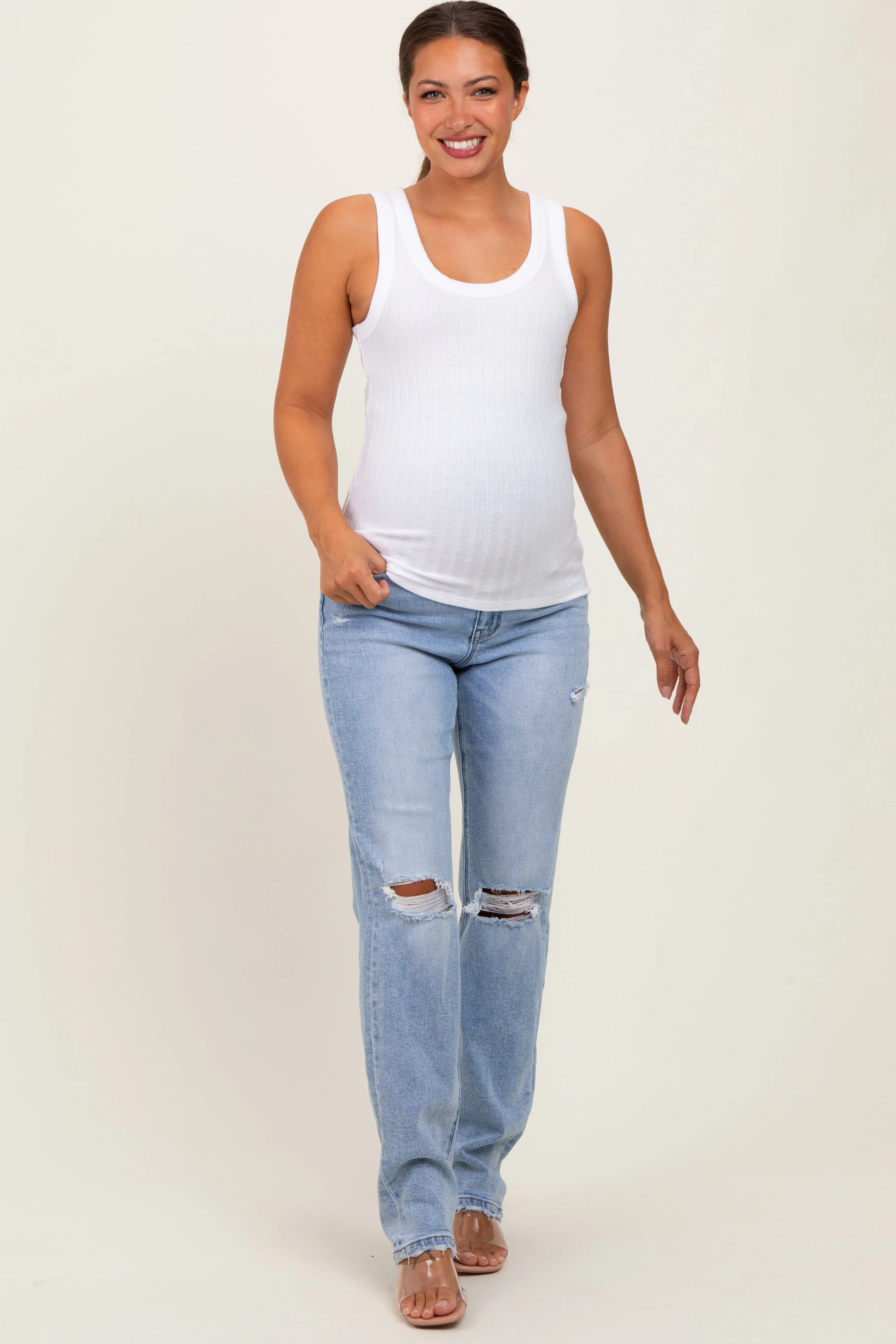 Light Blue Distressed Ripped Knee Straight Leg Maternity Jeans sold by Pinkblush