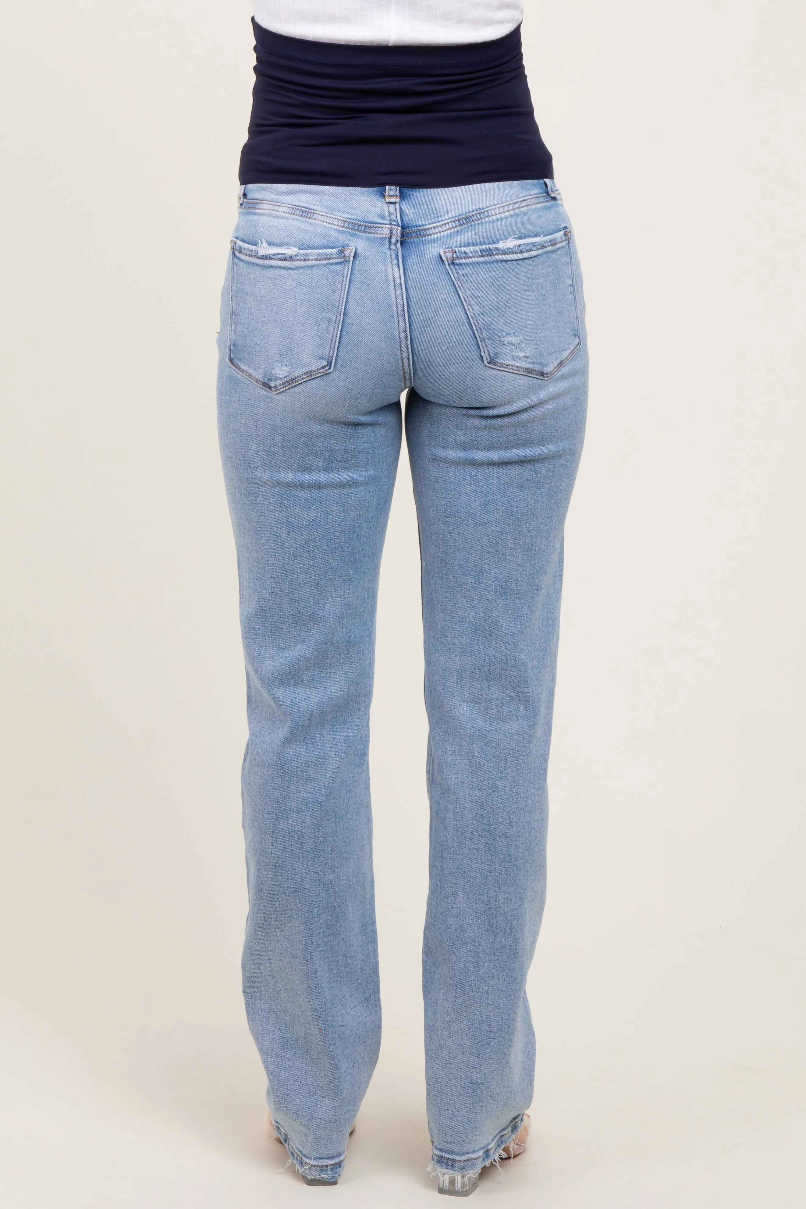 Light Blue Distressed Ripped Knee Straight Leg Maternity Jeans sold by Pinkblush product image thumbnail 5