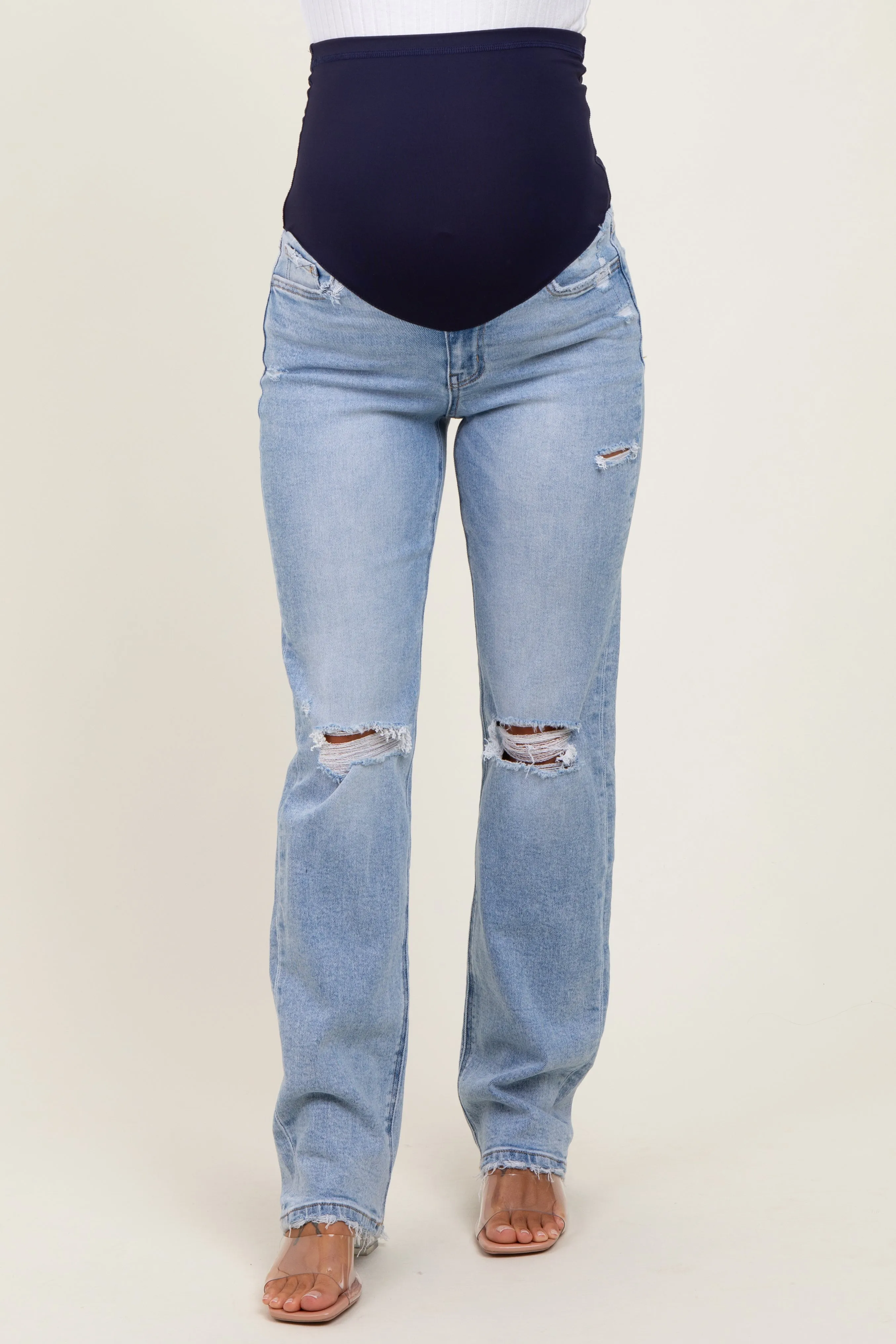 Light Blue Distressed Ripped Knee Straight Leg Maternity Jeans sold by Pinkblush product image thumbnail 3